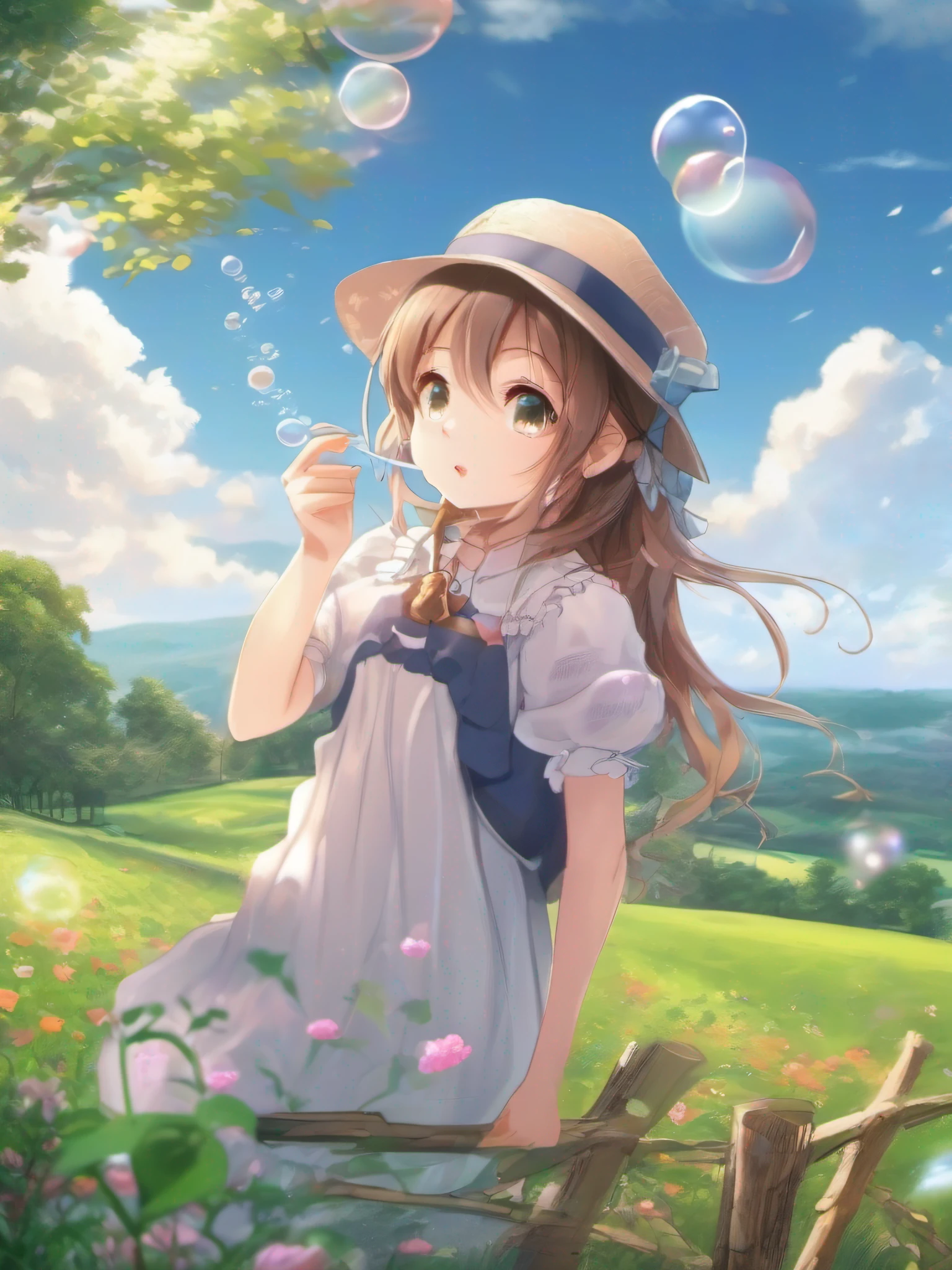 Beautiful girl blowing soap bubbles、Beautiful countryside scenery