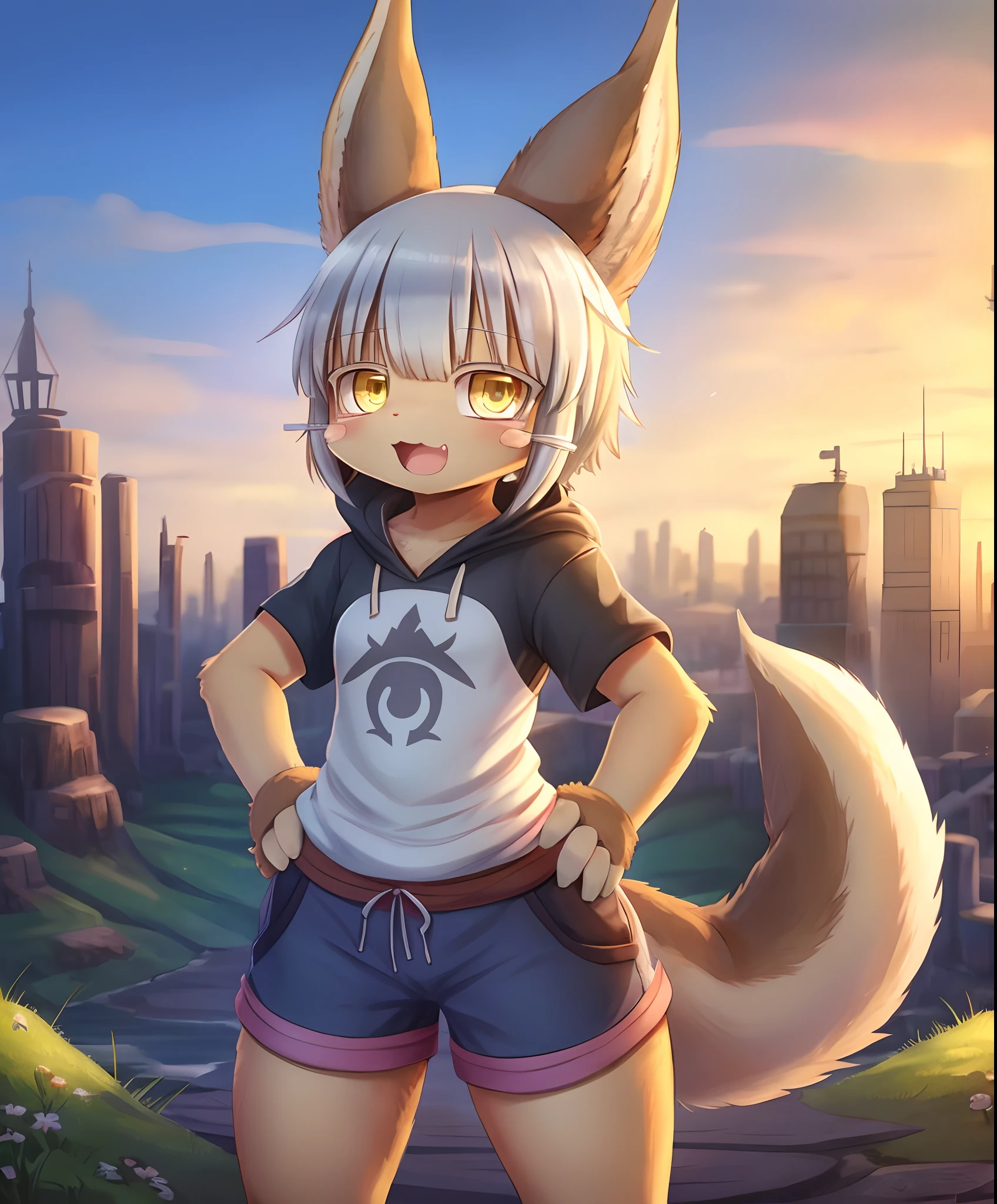 1girl, solo, furry, fluffy, brown fur, short hair, nanachi \(made in abyss\), animal ears, tail, yellow eyes, hoodie, shorts, t-shirt, hand on hip, :3, open mouth, standing, looking at viewer, outdoors, city