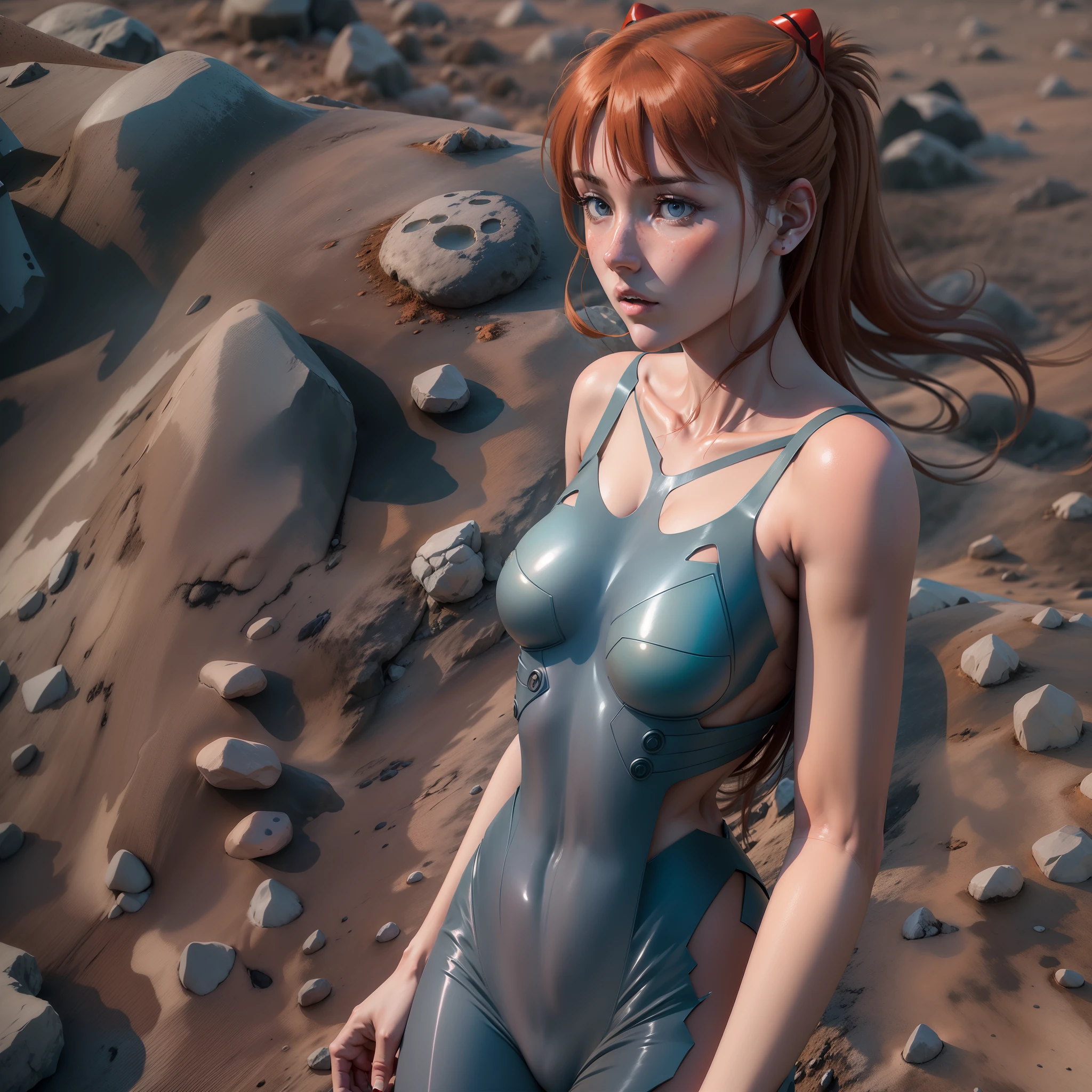 1 girl, Asuka Langley Shikinami, Caminando por un desierto de tierra roja, piedras rojas, ((ojos azules)), ((pecas en el rostro)), en plugsuit transparente, ((perfecto)), ((small ass)), (((DeepVnecklineslipdress))), View from behind, Trazado de rayos, NVIDIA RTX, Super resolution, Irreal 5, Sub-Surface Scatterring, Texturas PBR, postprocesamiento, Anisotropic filtering, profundidad de campo, maximum sharpness and sharpness, Texturas multicapa, Mapeo de albedo y especular, sombreado de superficie, Accurate simulation of light-material interactions, proporciones perfectas, octane representation, duotone lighting, ISO bajo, balance de blancos, regla de tercios, apertura amplia, 8K RAW, high-efficiency subpixels, sub-pixel convolution, glow particles