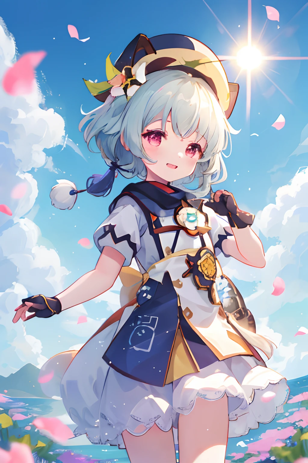 Cute little girl s,,独奏,ventania,White hat,blue-sky,laughingly,double teeth,,lens flare glow,dramatics,Coastal,
flying petal, flower field, Skysky, suns, Tano, himawari, tmasterpiece, Best quality at best,