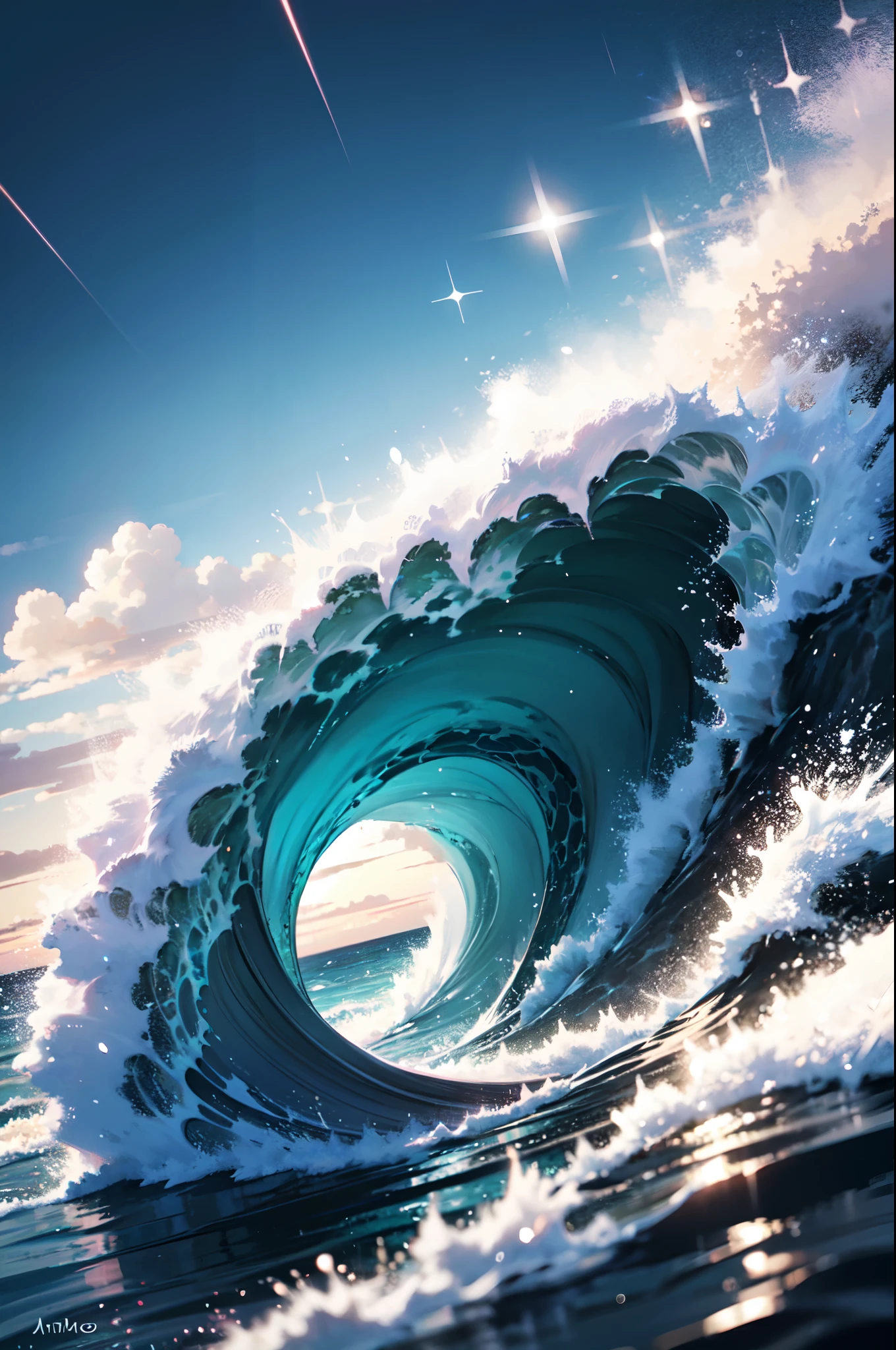 The sea's wing, embodied by crashing waves, dances with a divine shimmer, reflecting the celestial waves of the sky transformed into rain. As the rain falls, its droplets sparkle with an ethereal glow, reminiscent of scattered diamonds, while the salt within them descends gracefully as hail, adding a touch of mystique to the ocean's enchanting symphony.
,
highres, ultra detailed, realistic,