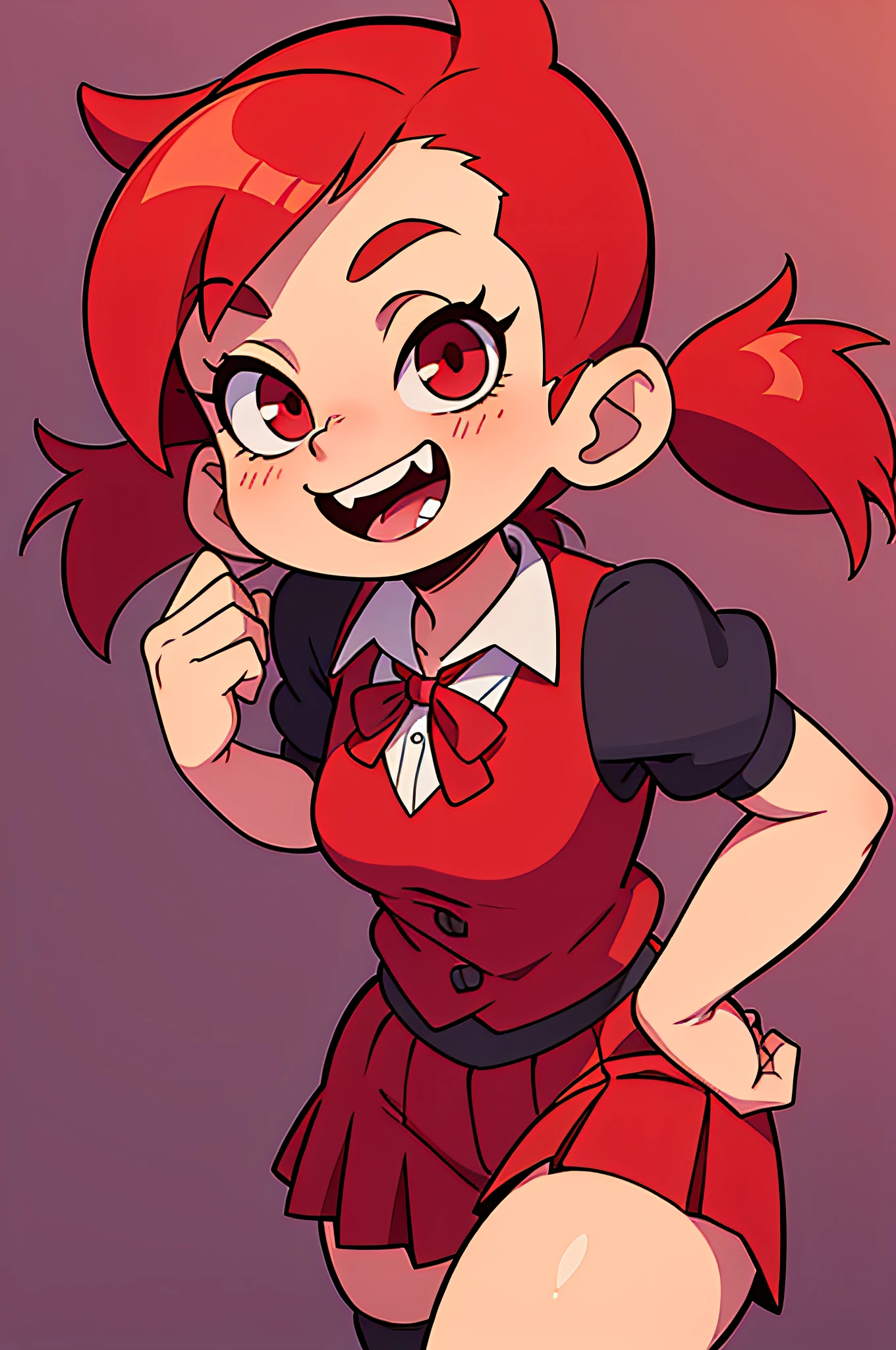 "A confident girl with a mischievous smile and crimson red hair tied up in pigtails (style = Pigtails:1.3), wearing a school uniform and showing off her small vampire fang, laughing."