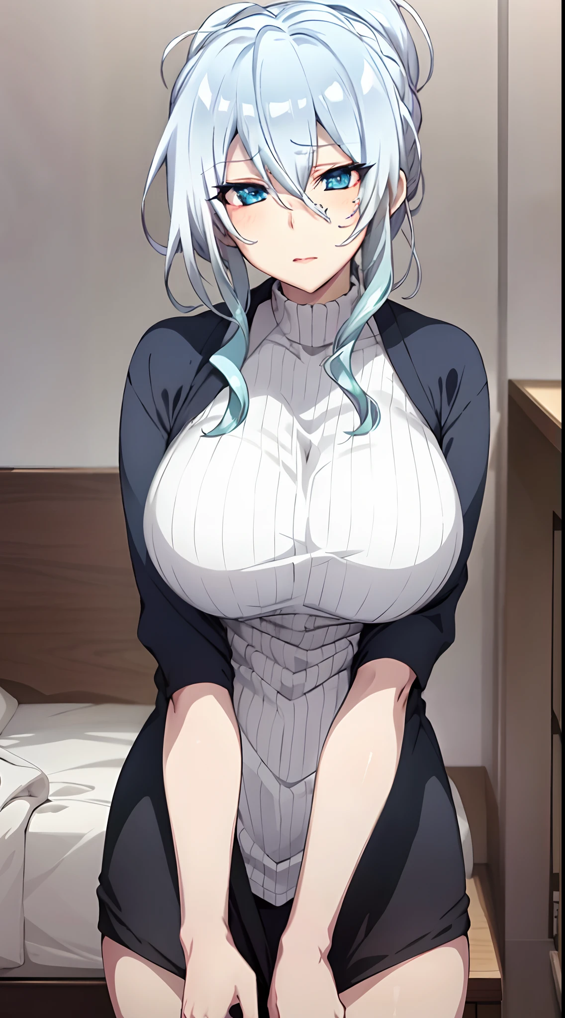 Yukino, in bed, silver hair and  blue eyes, black shirt and no bra, anime visual of a cute girl, screenshot from the anime film, & her expression is solemn, in the anime film, in an anime, anime visual of a young woman, she has a cute expressive face, still from anime, big breast, red cheek, lustful face, fair skin