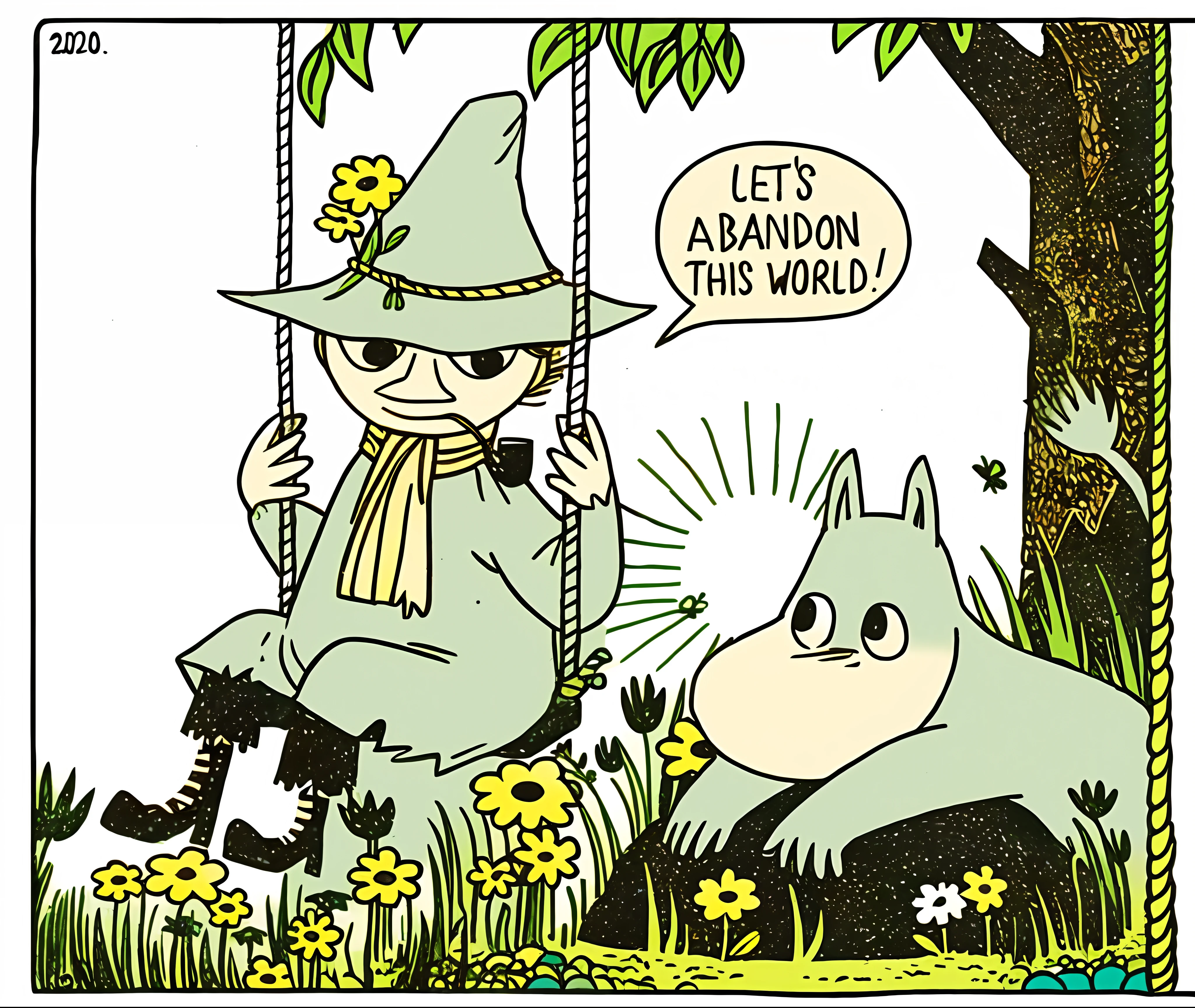 cartoon of a man and a woman sitting on a swing, moomin, moomins, inspired by Tove Jansson, inspired by Maurice Sendak, the moomins, inspired by Kate Beaton, by Kate Beaton, style of maurice sendak, one panel, by Tove Jansson, the moomins in moominvalley, joost swarte