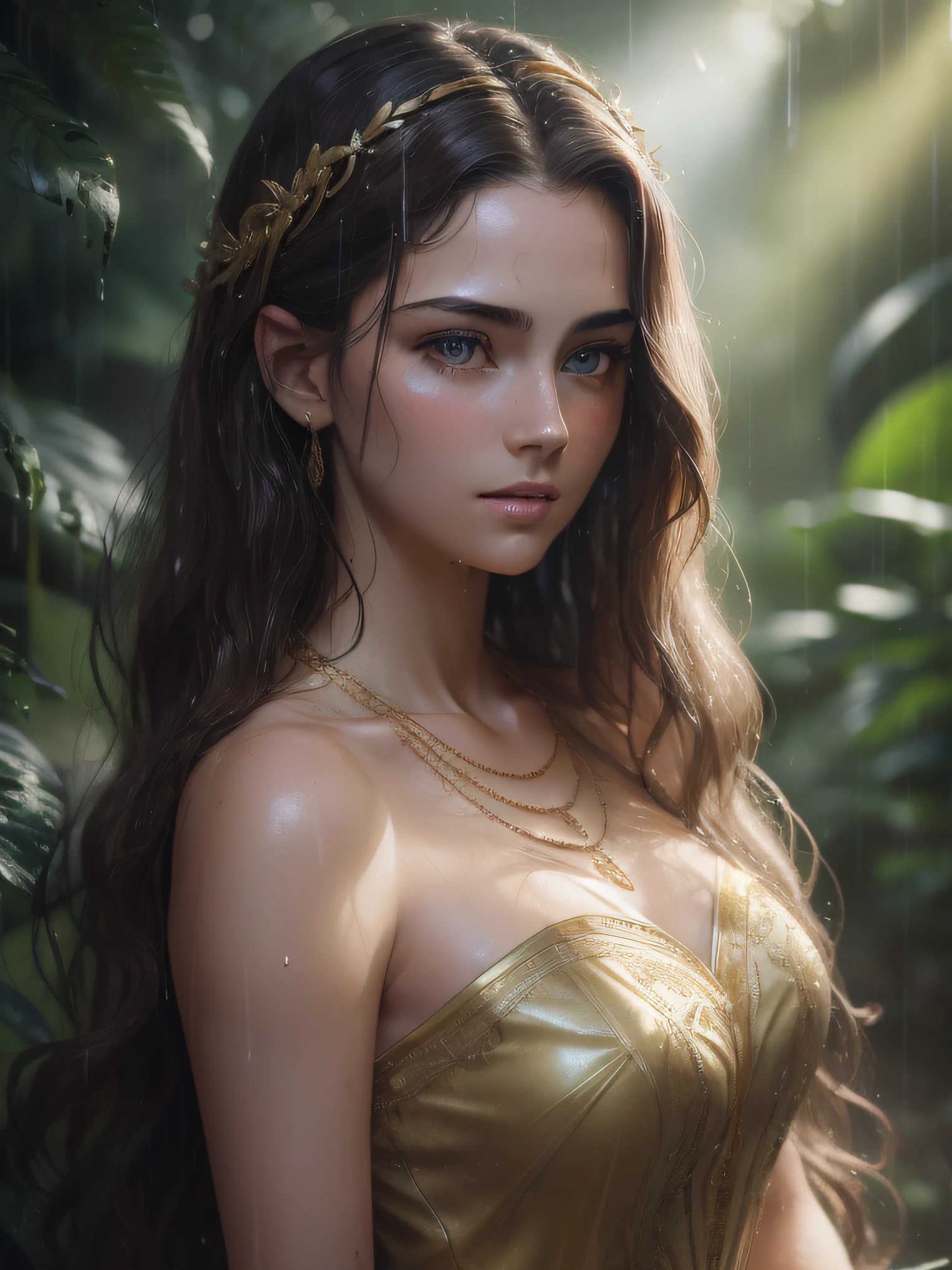 Full body photo of 25 year old European girl, RAW, beautiful woman, semi-parted strawberry lips, dimples, wistful gaze, (extra-long wavy brown hair), ((detailed face)), ((detailed facial features) )) , (finely detailed skin), pale skin, (high-tech princess dress with gold necklaces), rainy wet jungle setting, (cool colors), wet, wet, reflections, (masterpiece) (perfect proportion)(photo realistic)( best quality) (detailed) taken on a Canon EOS R5, 50mm lens, F/2.8, HDR, (8k) (wallpaper) (cinematic lighting) (dramatic lighting) (sharp focus) (complex) , RAW photo, RAW photo, in a jungle, in heavy rain, monochrome, vines everywhere, giant wet trees, masterpiece, best quality, high quality, extremely detailed unit CG, award winning photography, depth of field, HDR, bloom, chromatic aberration, photorealistic, extremely detailed, trending on artstation, trending on CGsociety, intricate, highly detailed, dramatic, in-between art, volumetric lighting