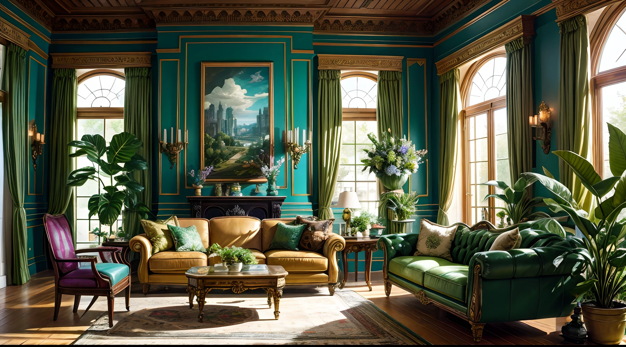 Architectural Digest photo of a maximalist green {vaporwave/steampunk/solarpunk} living room with lots of flowers and plants, golden light, hyperrealistic surrealism, award winning masterpiece with incredible details, epic stunning,