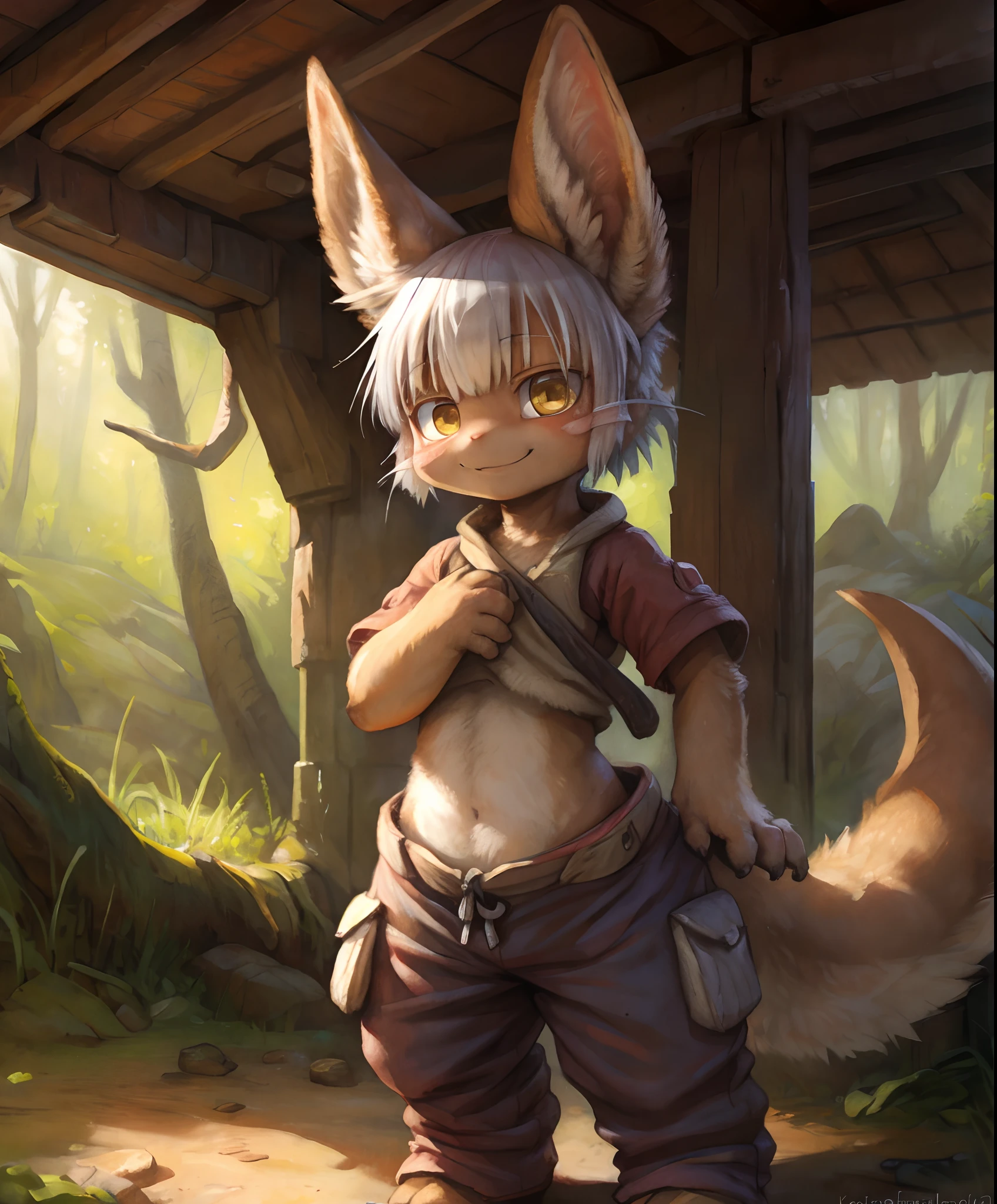 by kenket, by totesfleisch8, (by thebigslick, by silverfox5213:0.8), (by syuro:0.2), 1girl, solo, furry, nanachi \(made in abyss\), nanachipants, standing, looking at viewer, smile