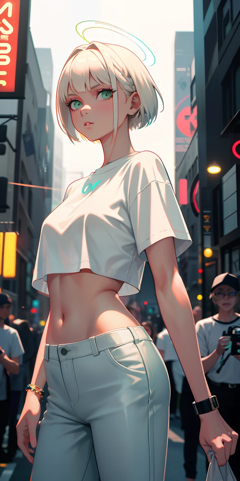 masterpiece, best quality, nsfw, 1girl, platinum blonde hair, short hair, green eyes, braids, small perky breasts, on the street, night, neon light, white t-shirt, braless, black pants, poker face, front view, standing, in crowd,