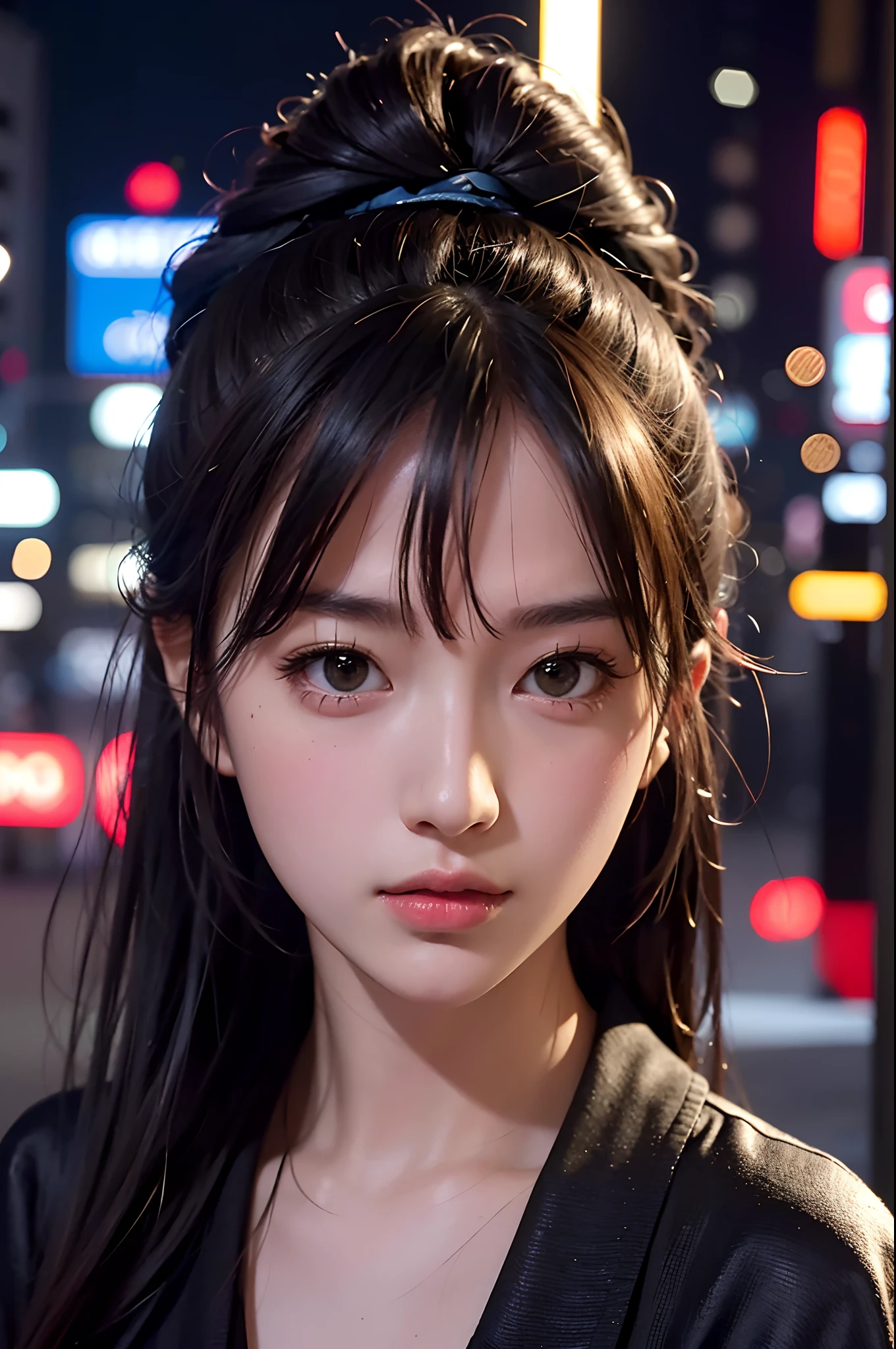 1girl, Tokyo street,night, cityscape,city lights, upper body,close-up, 8k, RAW photo, best quality, masterpiece,realistic, photo-realistic,