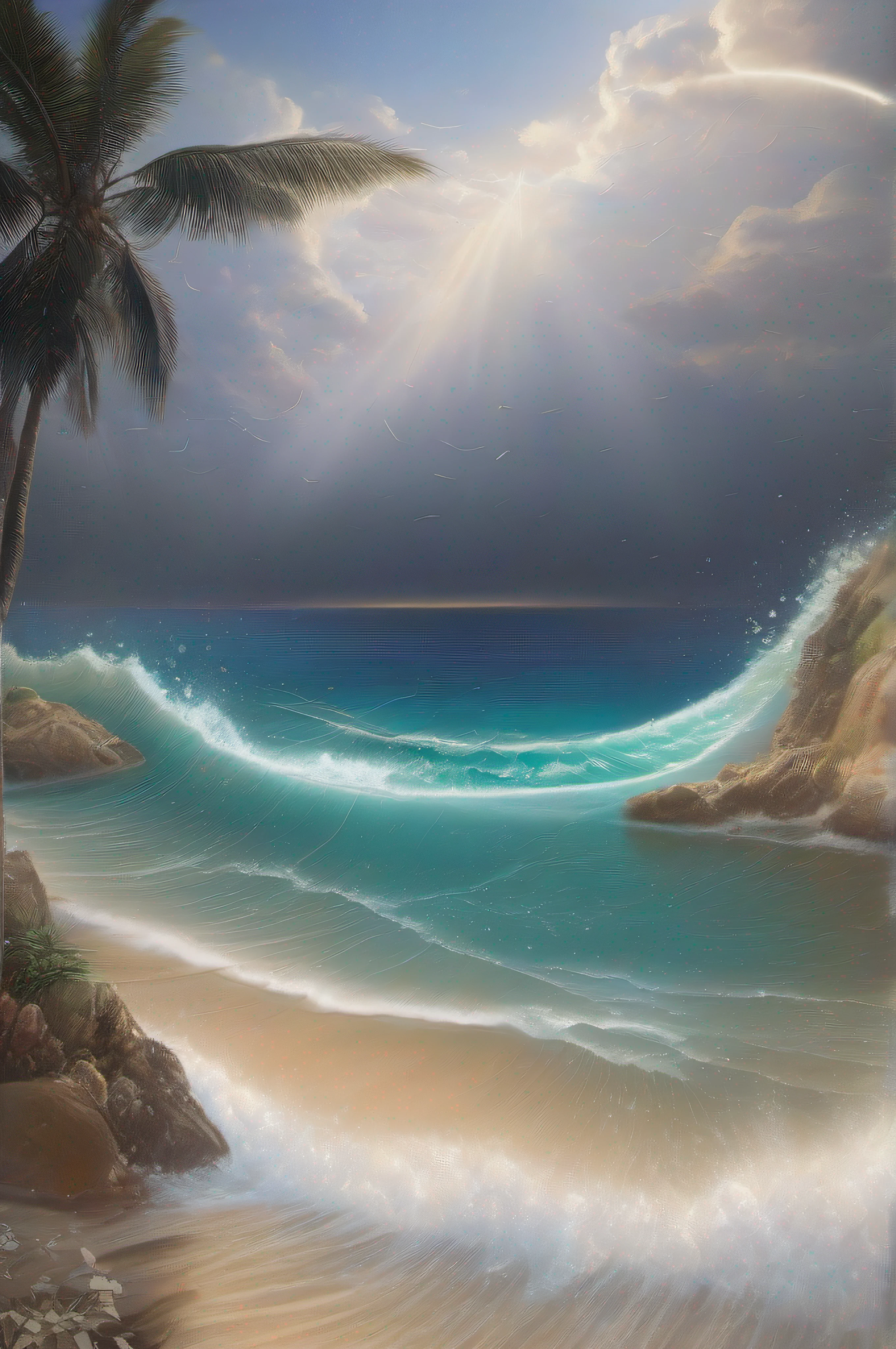 The sea's wing, embodied by crashing waves, dances with a divine shimmer, reflecting the celestial waves of the sky transformed into rain. As the rain falls, its droplets sparkle with an ethereal glow, reminiscent of scattered diamonds, while the salt within them descends gracefully as hail, adding a touch of mystique to the ocean's enchanting symphony.
,
highres, ultra detailed, realistic,