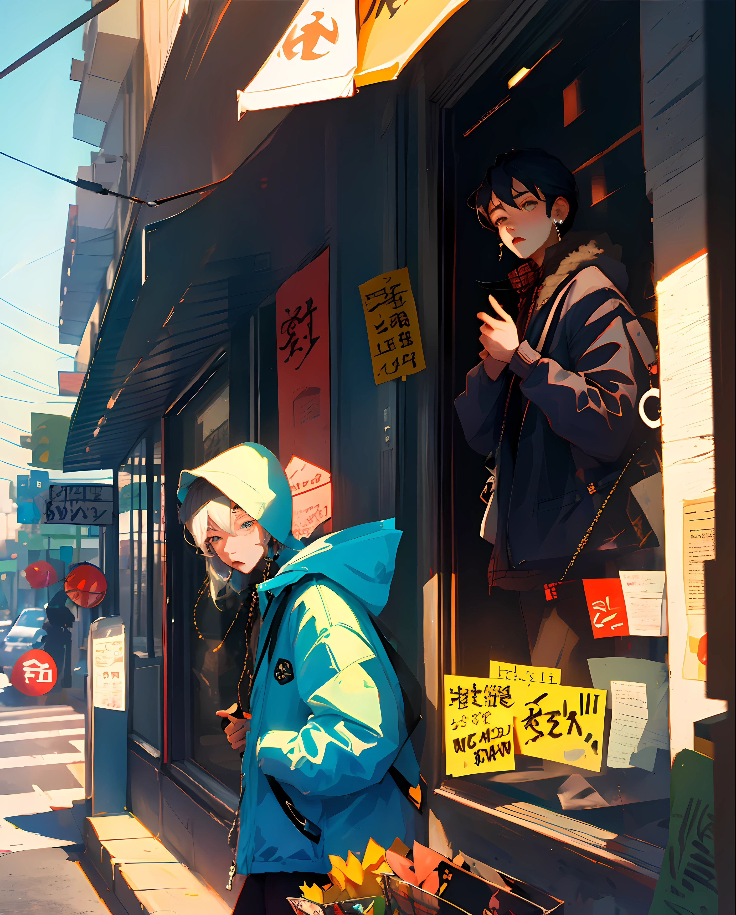 youthfulness,shoun,street corner,The expression is gloomy,The tail of the eyes rises,Single Eyelids,Ear chains,Blue plaid coat,photorealestic,hyper HD,schoolboy