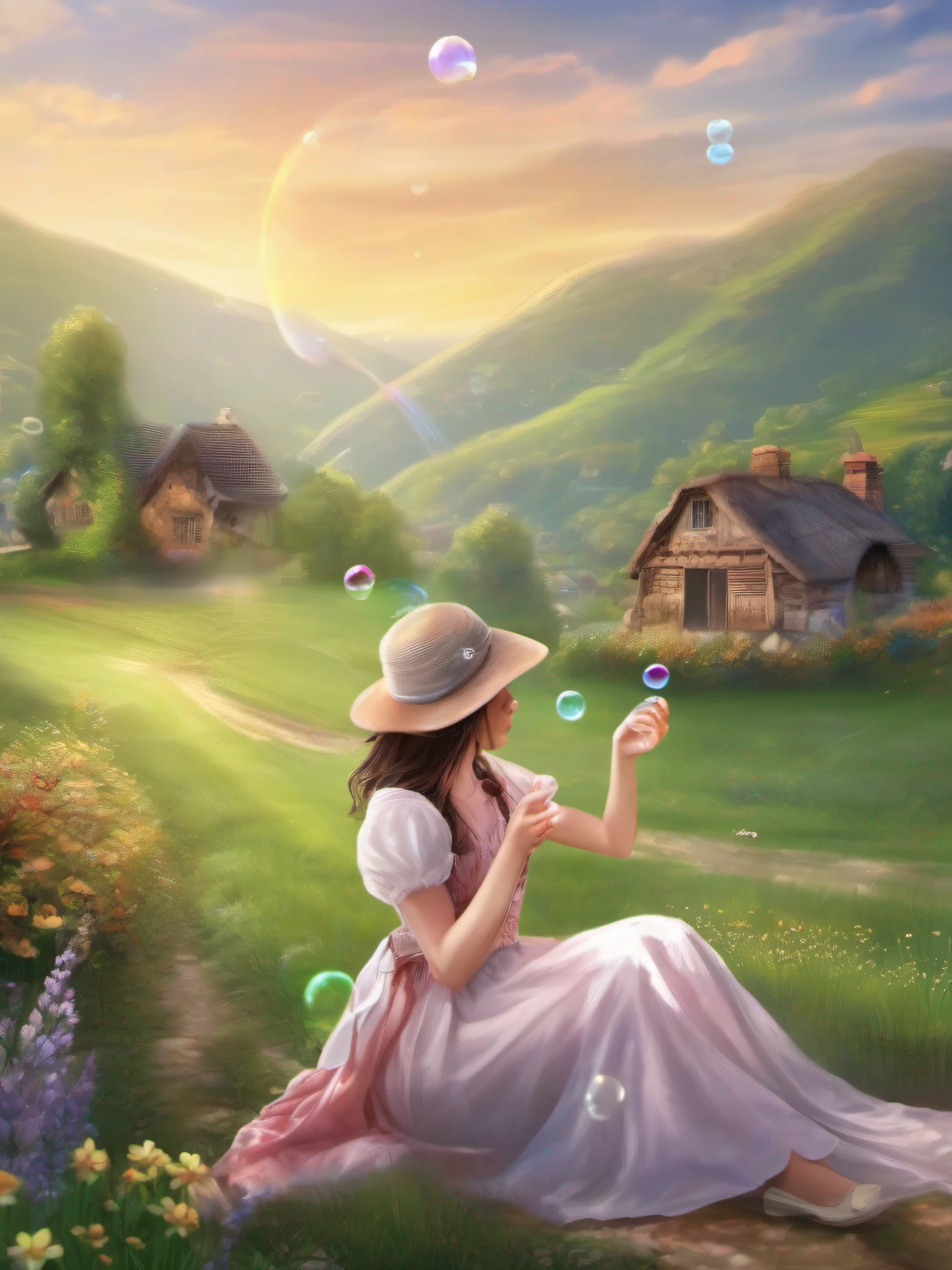 Beautiful girl blowing soap bubbles、Beautiful countryside scenery