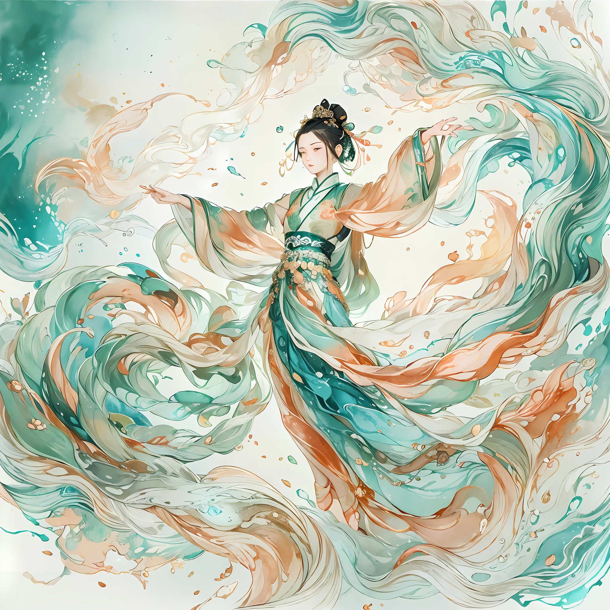 (Alcohol Ink:1.5),Dunhuang style, Dancing in the sky, Ancient Chinese beauties, silk Hanfu, Tulle ribbon, graceful dance movements, ink painting style, clean colors, decisive cutting, white space, freehand brushwork, Soft Lighting，Dreamy Glow， ( Bokeh)，masterpiece, super detailed, epic composition, highest quality, 4k，