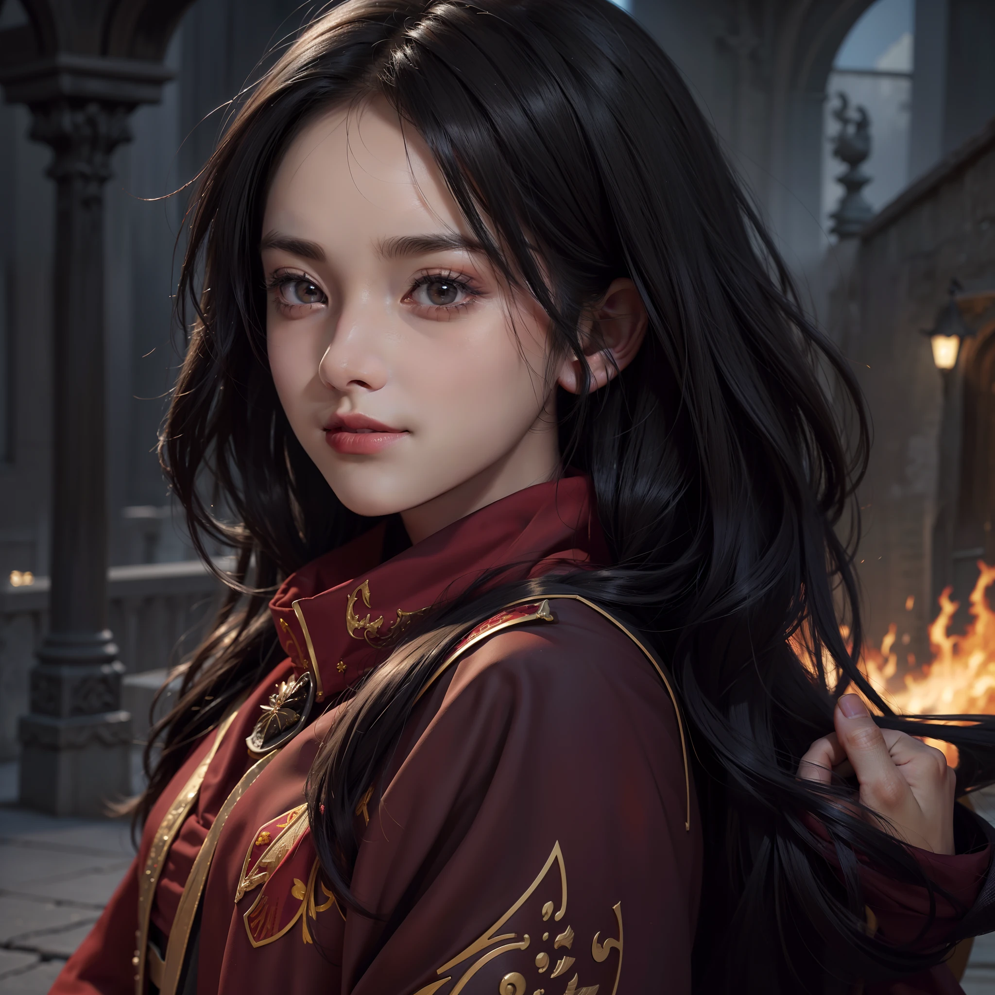 H0GLEGACYv2,(8k, best quality, masterpiece:1.2),(realistic, photorealistic:1.37), ultra-detailed, 1 girl alone, cute,(red nose),(smile:1.15),(closed mouth),beautiful eyes and detailed, (long black hair: 1.2), floating black hair NovaFrogStyle, hogsks,(((Gryffindor))), hogsks, hogwarts school uniform, black robe, red scarf, (scared), (black vest: 1.2), looking to the viewer, evening, night, dark, depth of castle, (direct shot)