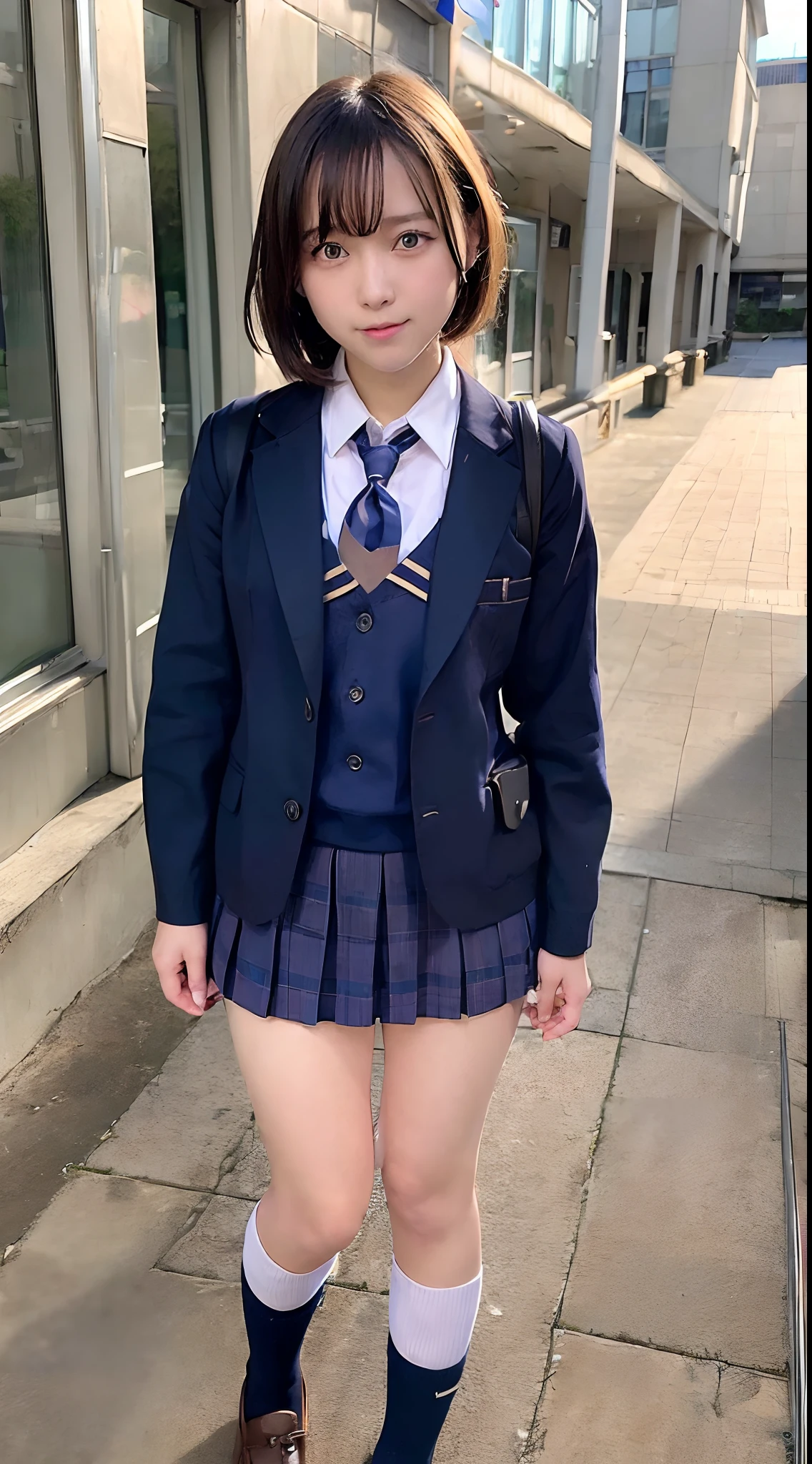 (school uniform:1.5), (photorealistic:1.4), (best quality:1.0), (ultra highres:1.0), 8k, RAW photo, (masterpiece:0.2), ultra-detailed, close short, 1girl, beautiful skin, detailed skin, looking at viewer, full body, (short hair:1), smile, (closed mouth:1)