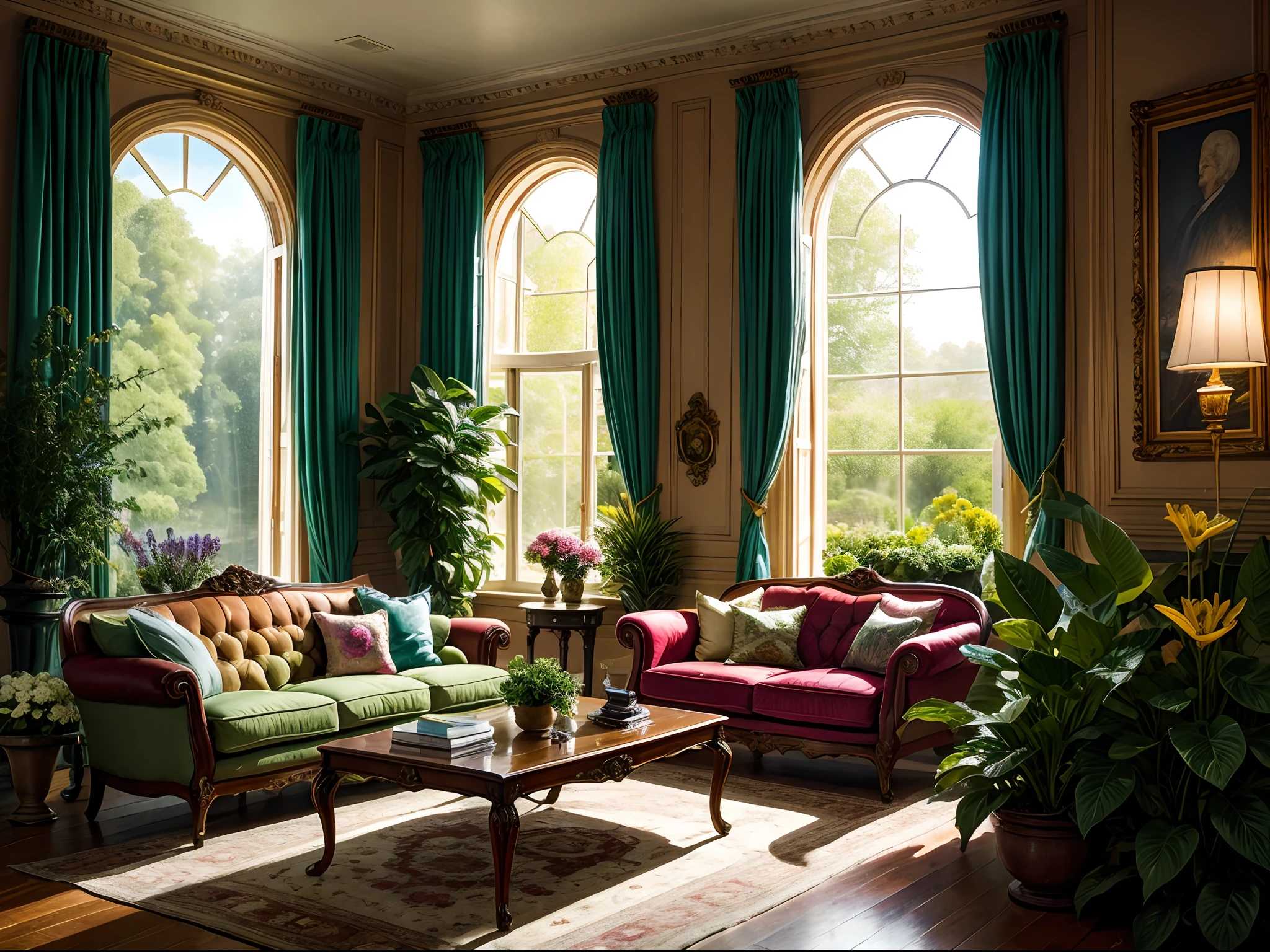 Architectural Digest photo of a maximalist green {vaporwave/steampunk/solarpunk} living room with lots of flowers and plants, golden light, hyperrealistic surrealism, award winning masterpiece with incredible details, epic stunning,