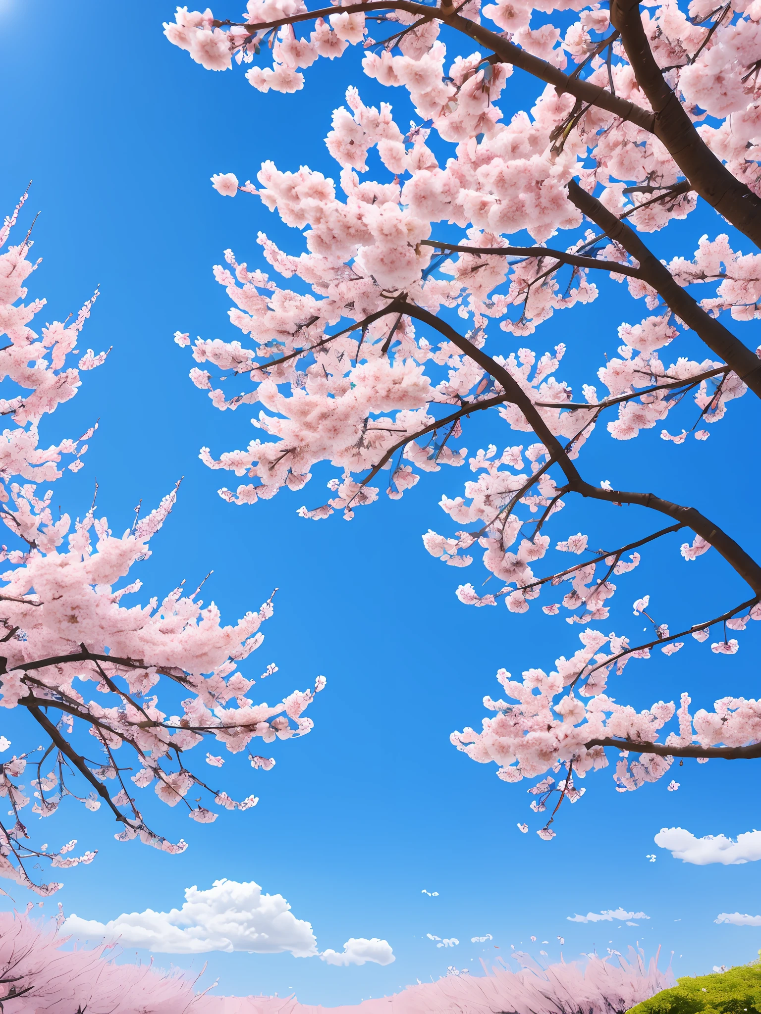 The background is blue sky, sakura blooming on background, sakura bloomimg, clubs, flowers blooming, blossoms, Pink flowers, SakuraNS, SakuraNS, apple blossoms, Sakura flower, blossoming, bloom and flowers in background, cherry tree in the background, SakuraNS, springtime, flower bloom,tmasterpiece,best qualtiy,(Very detailed CG unity 8k wallpaper)(best qualtiy),(Most Best Illustration),(best shadow)