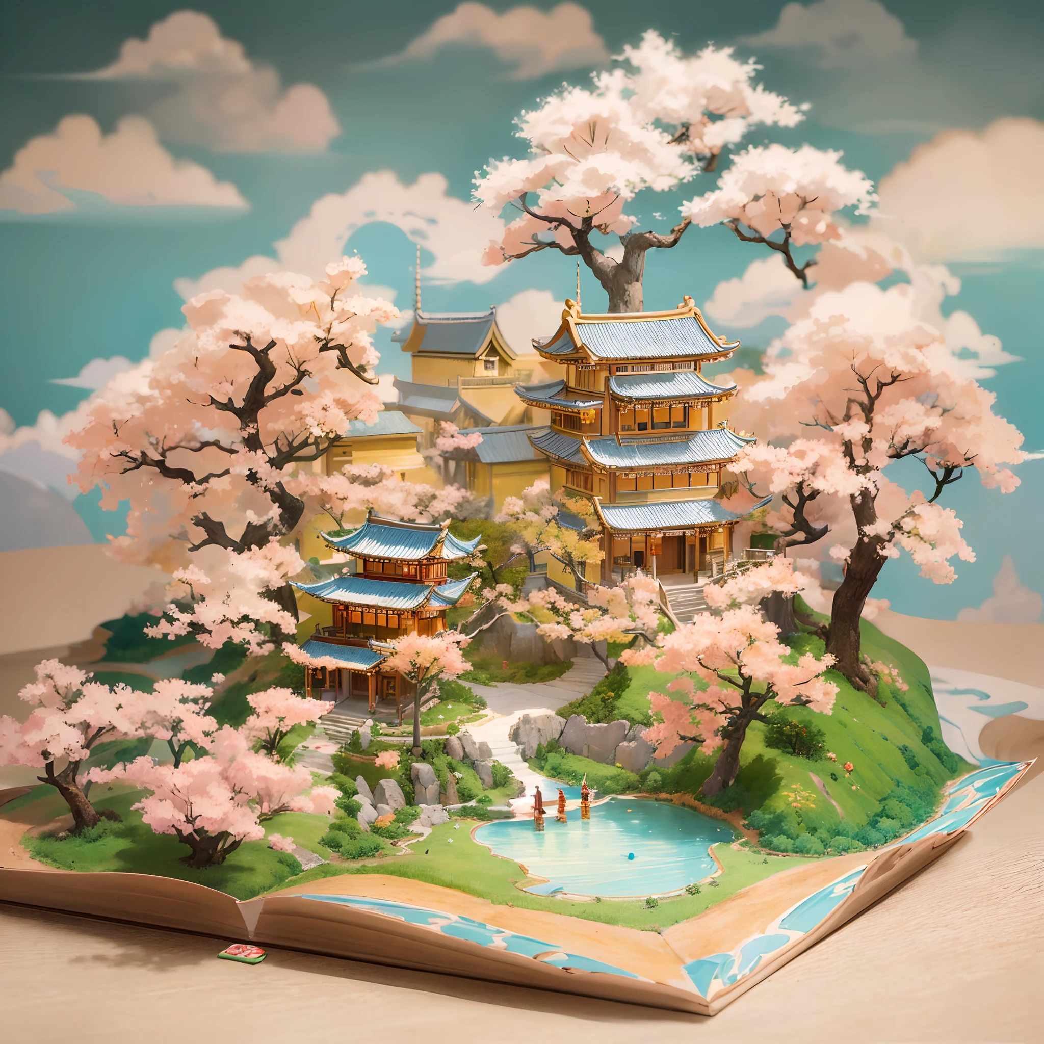 (popup book:1.5),Tilt-Shift, Wonderland, peach trees on clouds, small wooden houses on clouds, peach blossoms on clouds, cloud patterns,  Soft Lighting，Oriental elements, dreamy, Pastel colors, bright colors, Chinese traditional color matching, ( reasonable design, Clear lines, High sharpness,best quality, Very detailed, masterpiece, official art, movie lighting effects, 4K ),