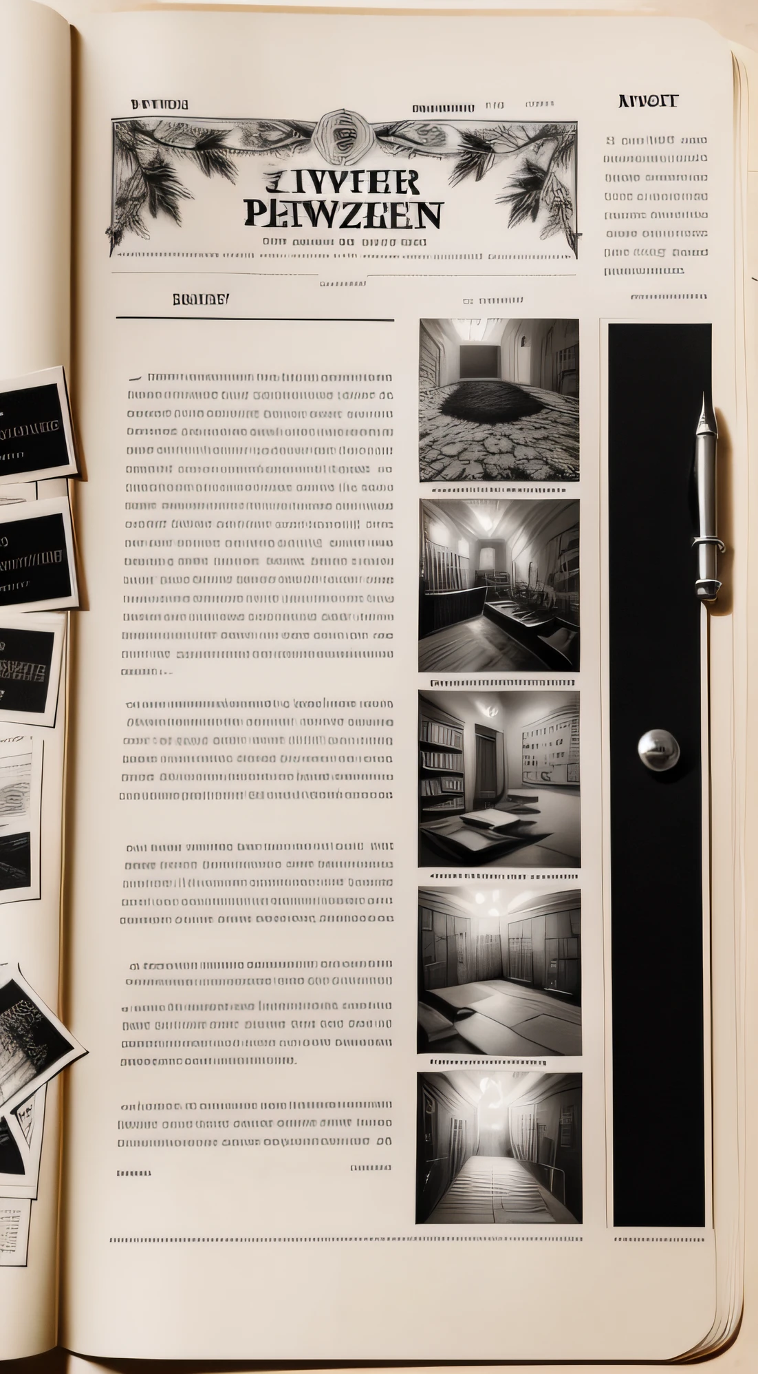Newspaper layout，black andwhite，Literary，comic strip，herbarium，insect specimen，Handwritten notes