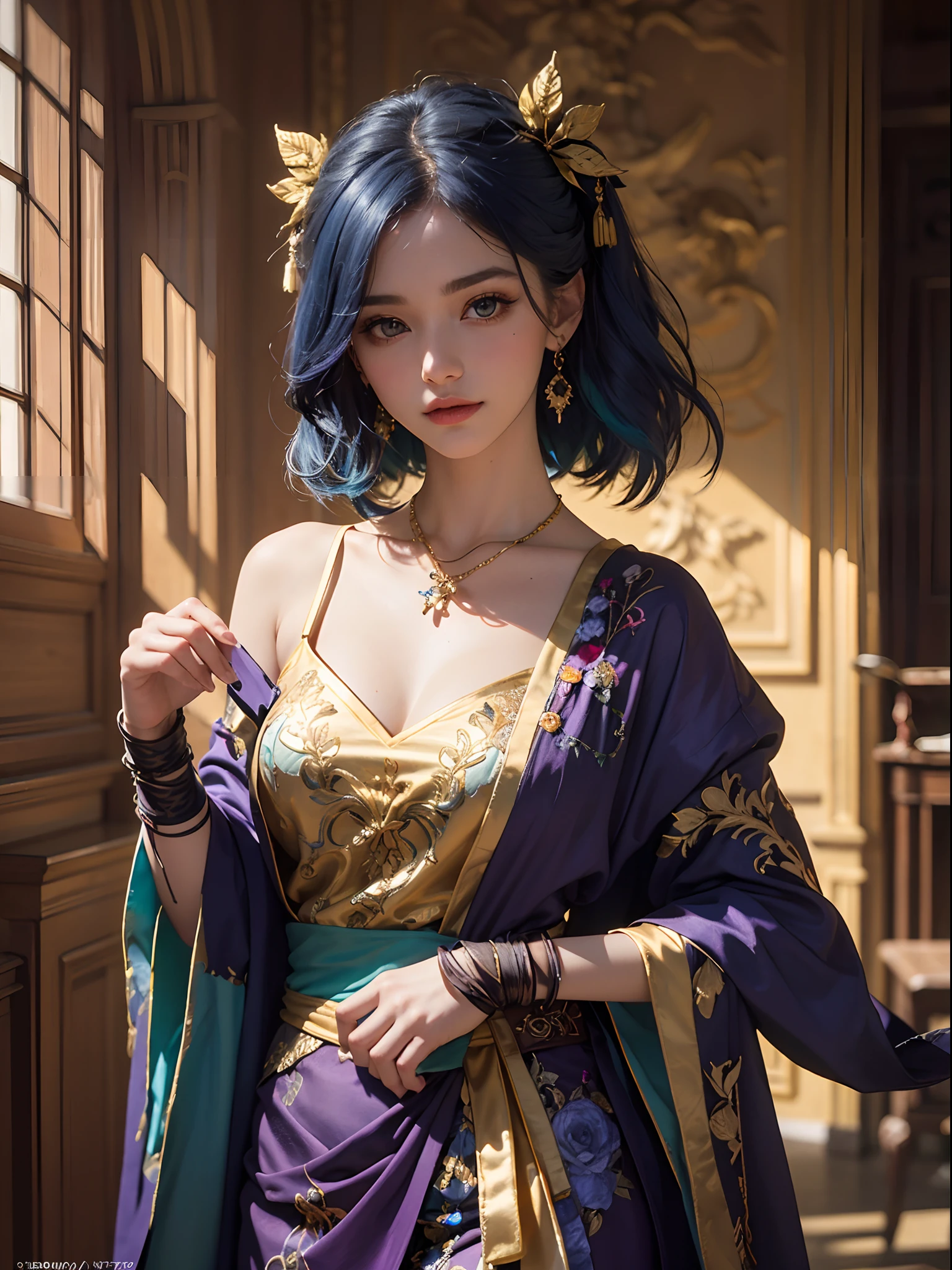Unbeatable masterpiece, Ultra photo realsisim, Perfect artwork, Intricate details, Best quality, Strong light,High contrast, (Masterpiece) , (Best quality) , (Ultra-detailed) , illustration , Dynamic Angle ,1girll , full_Body, Colorful, Beautiful detailed eyes, Colorful , Translucent hair , (glowing inner hair) , the perfect appearance ,Dark blue hair , Green eyes , (bobcut:1.25) , Smile , (Black shawl:1.05) ,(luxury clothes:1.15) , lace elbow gloves , (Flat color) , (Sapphire necklace:1.2) , (White sheathed dress)(Lickers:1.4) , looking at viewe , (final fantasy style:1.15) , (Chiaroscuro lighting:1.2) , Western Region Dancer , colorful pigtail , Big eyes , allure , Beauty , No items on hand , There are no visible hands , Carillons .Sexy , exquisite face , Gemstones , jewelry , nobles , Earring straps , Eyebrow painting , period costume , Light makeup , Ancient makeup ,bangle , Long hair , Shake the steps , Jade, gold , Beautiful eyes , Streamers , (elegant: 1.5) ,(Solo: 2.5) , Ancient dancer costumes(western regions , Colorful , purple | Red and gold silk , complex , Flying , Hanfu ,elegant , Light , Silk , Seductive ,Colorful , opulent , Gorgeous , Embroidered, Embroidered , Silk , gold , Flowers ,patterns , Textured , Intricate embroidery, Complex textures , Ribbons , elegant) ,Sunshine , Morning , (Tyndall phenomenon:1.8) , Sunshine , Summer , Ancient , official works (Masterpiece) , Best , 8K wallpaper , as well as cinematic quality , exquisite and complex , Master composition ,