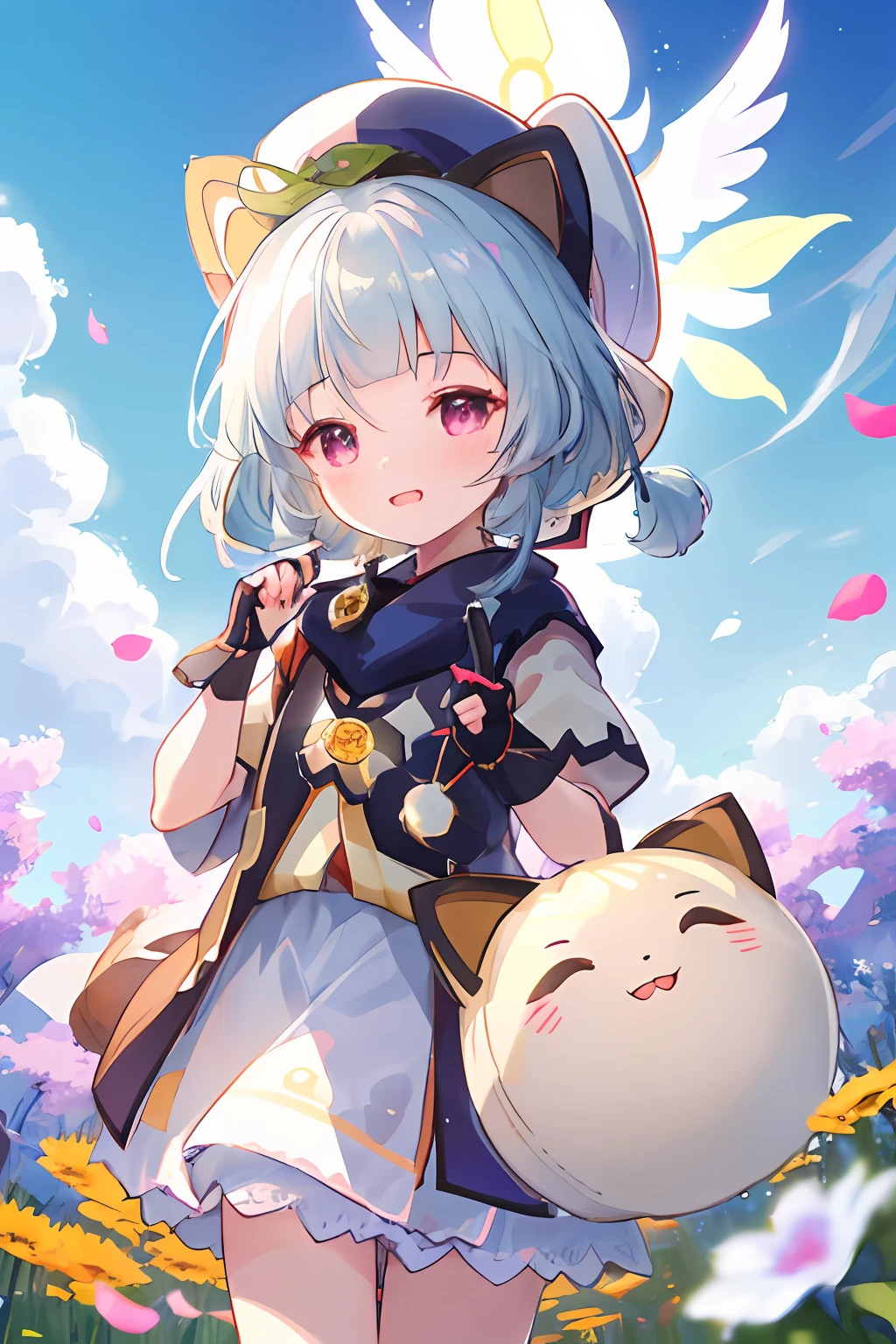 Cute  s，，独奏，ventania，White hat，blue-sky，laughingly，double teeth，，lens flare glow，dramatics，Coastal，
flying petal， flower  field， Skysky， suns， Tano， himawari， tmasterpiece， Best quality at best，