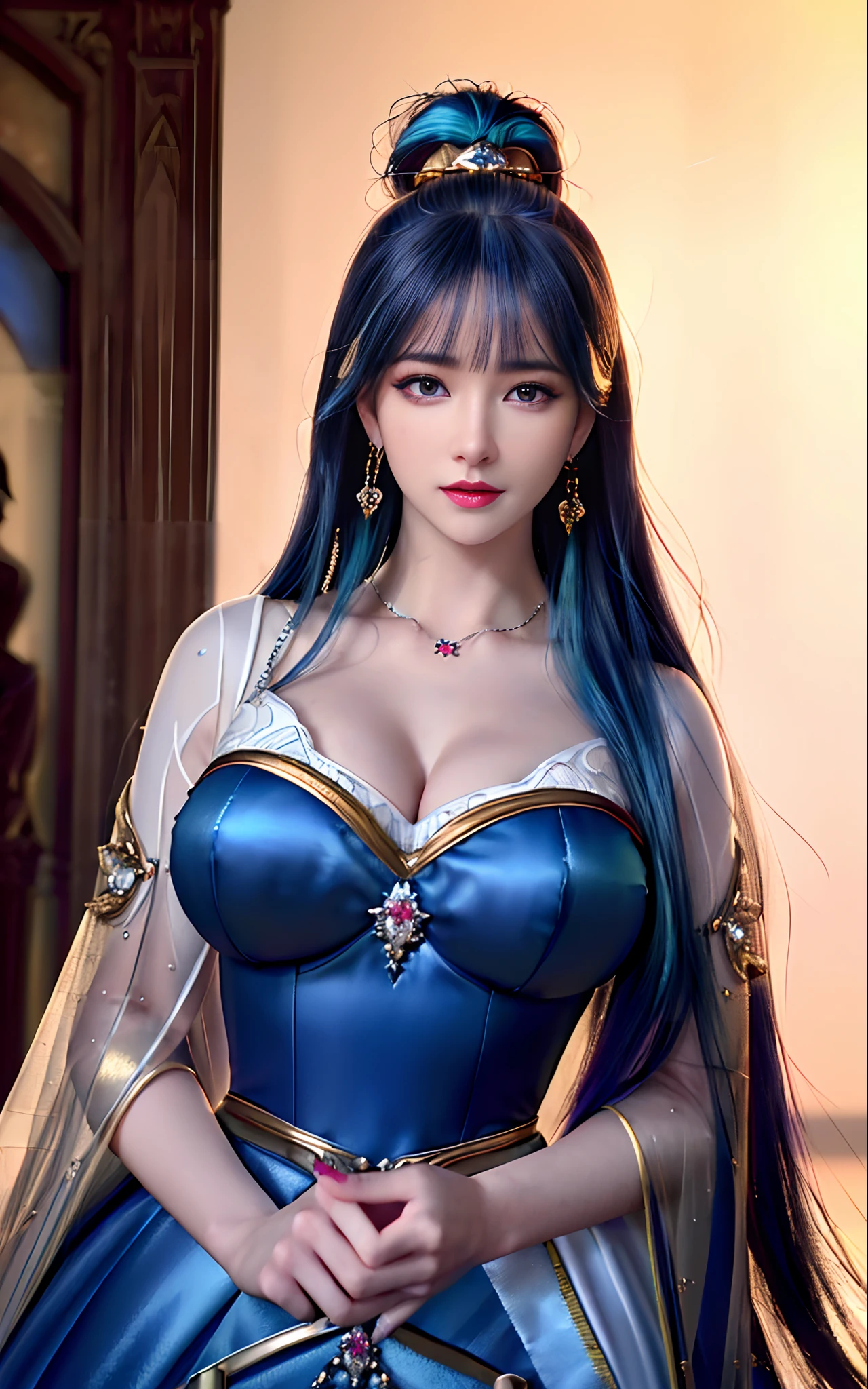 ((realisticity: 1.2)), ((realistic: 8K UHD)), ((best resolution: 8K UHD)), hyper detailed, best quality,masterpiece,highres,cg, ((1 girl hyper detailed and hyper realistic) ) , ((beautiful queen, hyper realistic and hyper detailed)),((white skin, beautiful, smooth, youthful, hyper realistic and hyper detailed )), ((Face hyper beautiful, white, hyper realistic and hyper detailed ) ), long hair, ((hyper realistic and hyper detailed dress)), solo, ((hyper realistic, hyper beautiful, beautiful and hyper detailed jewelry)), ((hyper beautiful deep red and golden yellow dress, hyper realistic and hyper detailed )) , ((Her pretty, hyper realistic, hyper detailed diamond filled earrings)), ((Her gorgeous diamond haircut, hyper realistic and hyper detailed)), ((hyper pretty upper body, hyper beautiful, hyper realistic and hyper detailed) ), ((medium breast: 1.5)), ((hyper realistic, hyper pretty, hyper detailed boobs)), ((the backgroun of the royal palace is hyper majestic, hyper realistic and hyper detailed)),((hands and palms hyper beautiful, hyper detailed, hyper realistic)), ((hyper pretty, hyper pretty, hyper realistic and hyper detailed hair bun)), ((hyper pretty , hyper realistic and hyper detailed blue hair)), candid, Photo, high resolution, 8k , bokeh,