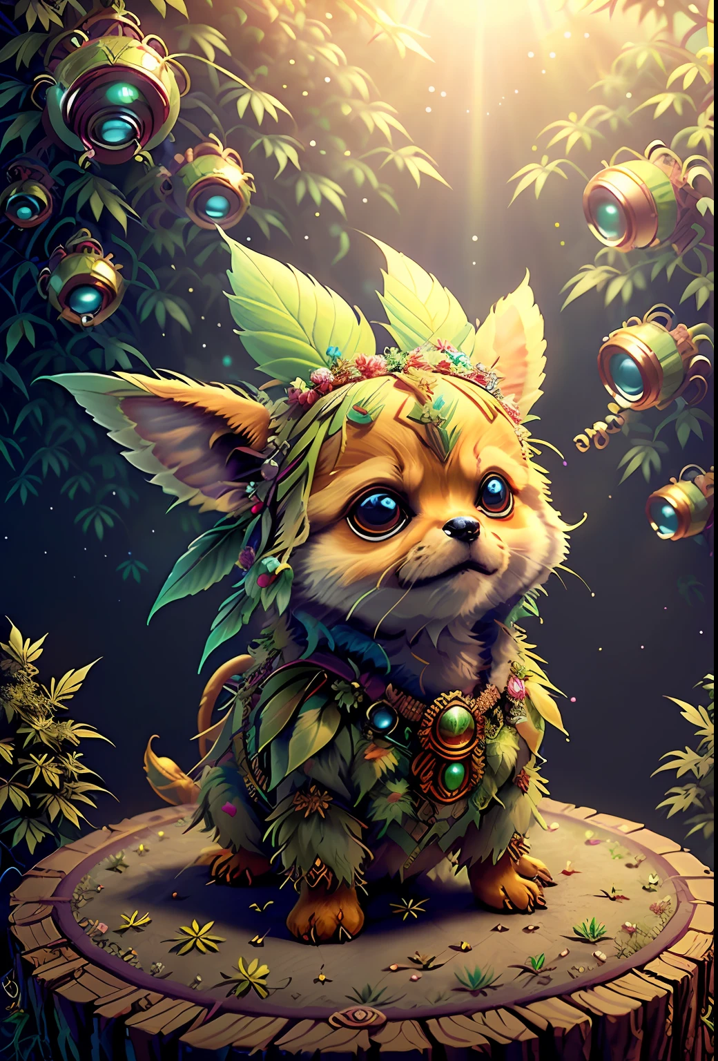 Pomeranian, Multi-colored feathers are made of bushy hairs.., Sitting on a log in the woods.., Wear a small futuristic collar., Highly detailed fur, kawaii, symmetric, gentle lighting, high detail face, Concept Art, digital painting, looking into camera, (firefly), Fog, nighttime, moon, (CBSABBY:1.25) Cute big reflective circle, sparkling eyes, Unreal Cinematic Engine Smooth, intricate detailed, Cannabis Garden, (extraterrestrial:1.3), (vibrant:1.2) colors, intricate pattern, (enchanting:1.1), (superb:1.2) forests, (Dewkiss:1.1),ecosystem,shapes, Floating, outer space, Mystical dimension, colour, marijuana, Cannabis flowers, 1 Pomeranian puppy, kawaii, outdoor, god rays, kawaii, Slice of life, Studio Ghibli, (masterpiece:1.2), (bestquality:1.2), Marvel, high-detail, finely detail, Depth of Field, extremely detailed cg unity 8k wallpaper,