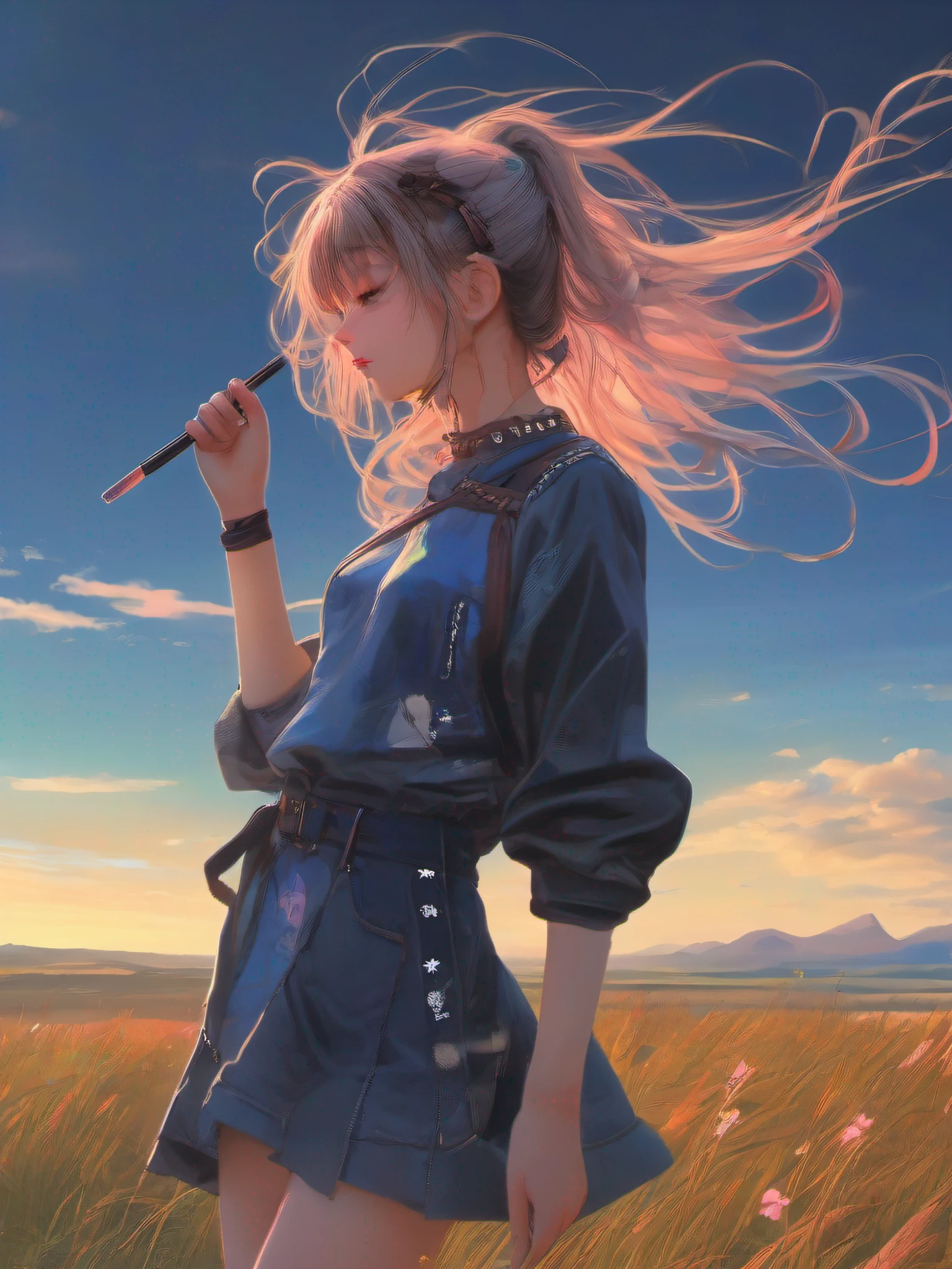 Ultra-high detail CG painting、top-quality、beautiful Girl、Shabo ball、Beautiful countryside、Swaying steppe、In the bright twilight、beautiful blue skies、Hair blown in the wind、Soft light、Draw an inspiring moment。