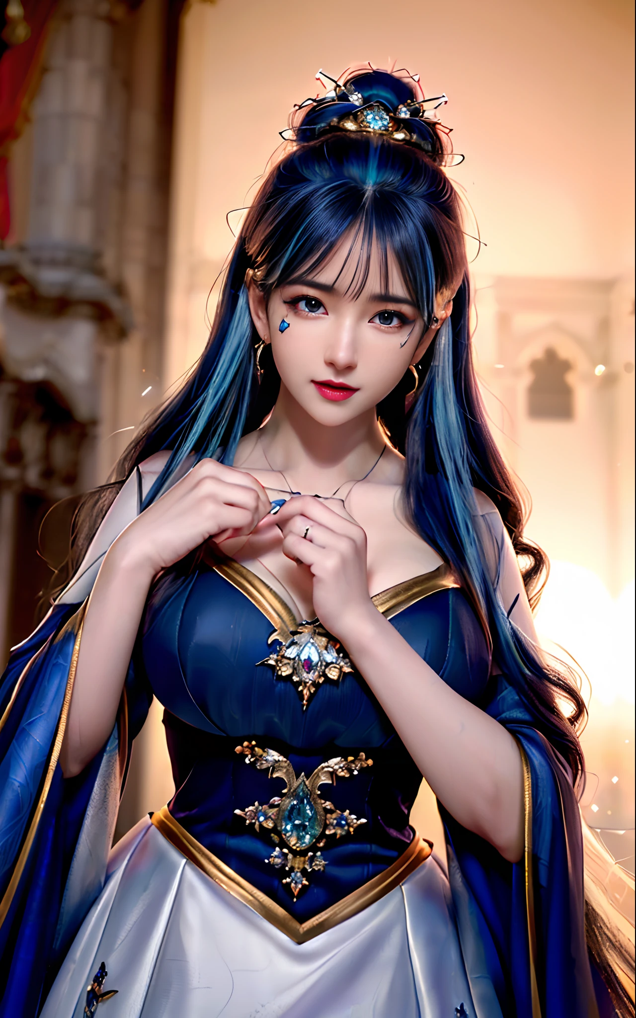 ((realisticity: 1.2)), ((realistic: 8K UHD)), ((best resolution: 8K UHD)), hyper detailed, best quality,masterpiece,highres,cg, ((1 girl hyper detailed and hyper realistic) ) , ((beautiful queen, hyper realistic and hyper detailed)),((white skin, beautiful, smooth, youthful, hyper realistic and hyper detailed )), ((Face hyper beautiful, white, hyper realistic and hyper detailed ) ), long hair, ((hyper realistic and hyper detailed dress)), solo, ((hyper realistic, hyper beautiful, beautiful and hyper detailed jewelry)), ((hyper beautiful deep red and golden yellow dress, hyper realistic and hyper detailed )) , ((Her pretty, hyper realistic, hyper detailed diamond filled earrings)), ((Her gorgeous diamond haircut, hyper realistic and hyper detailed)), ((hyper pretty upper body, hyper beautiful, hyper realistic and hyper detailed) ), ((medium breast: 1.5)), ((hyper realistic, hyper pretty, hyper detailed boobs)),   ((the backgroun of the royal palace is hyper majestic, hyper realistic and hyper detailed)),((hands and palms hyper beautiful, hyper detailed, hyper realistic)), ((hyper pretty, hyper pretty, hyper realistic and hyper detailed hair bun)), ((hyper pretty , hyper realistic and hyper detailed blue hair)), candid, Photo, high resolution, 8k , bokeh,
