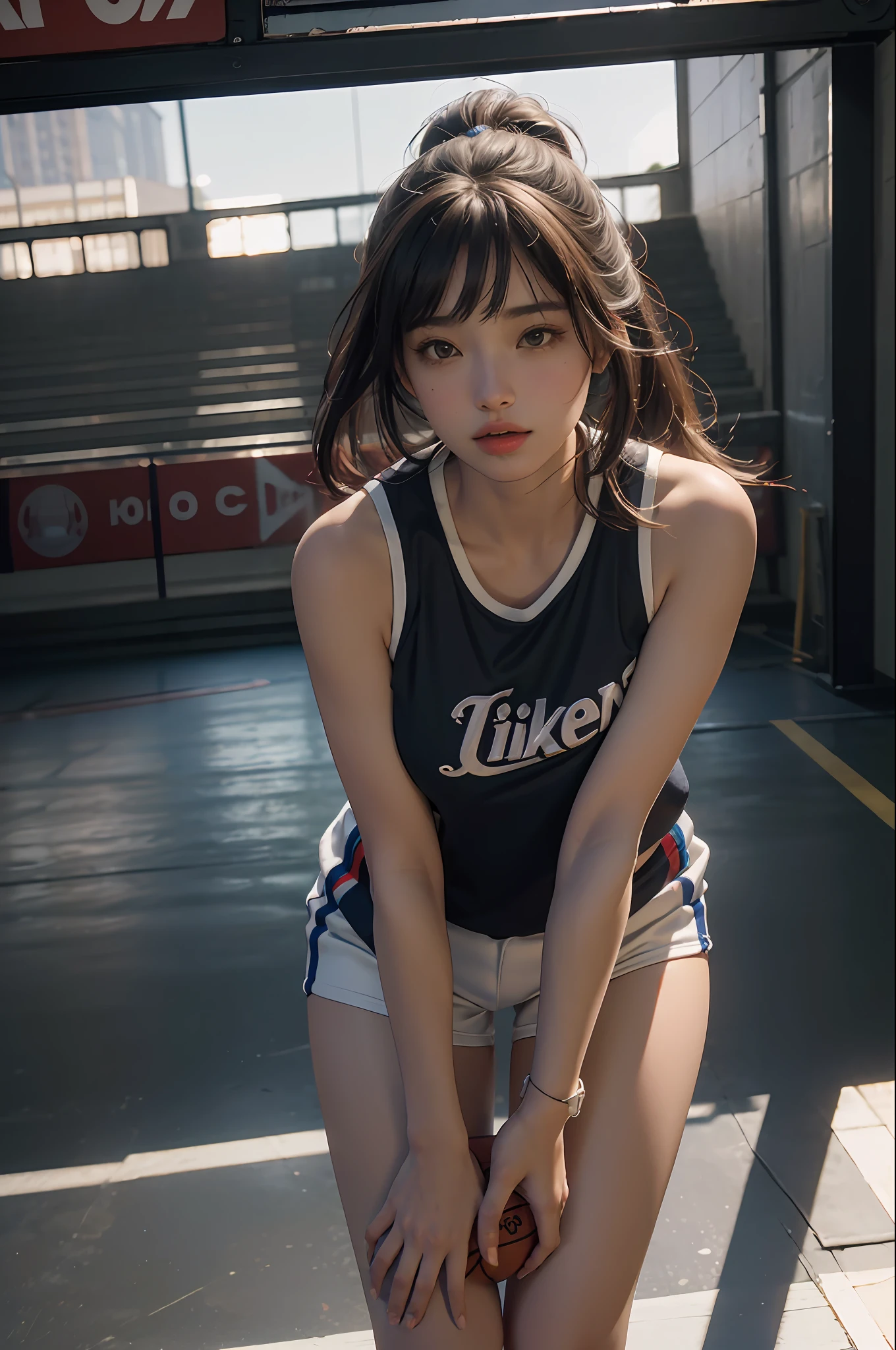(RAW photo, 4k, masterpiece, high resolution, extremely complex) (realistic: 1.4), cinematic lighting
1 Girl, Solo Focus, Summer Noon, Hot, 1990s\(Style\), (Best Quality), (Highres), (an Extremely Delicate and Beautiful),,(Beautiful 8k face),(Brown eyes),(ulzzang-6500:1.0),(solo),(Looking side),( spectators),(large breasts),(NBA),bent over,,lookside,(side), ,(Basketball sportswear),((Play basketball)),((gymnasium)),((speed)),(reality),