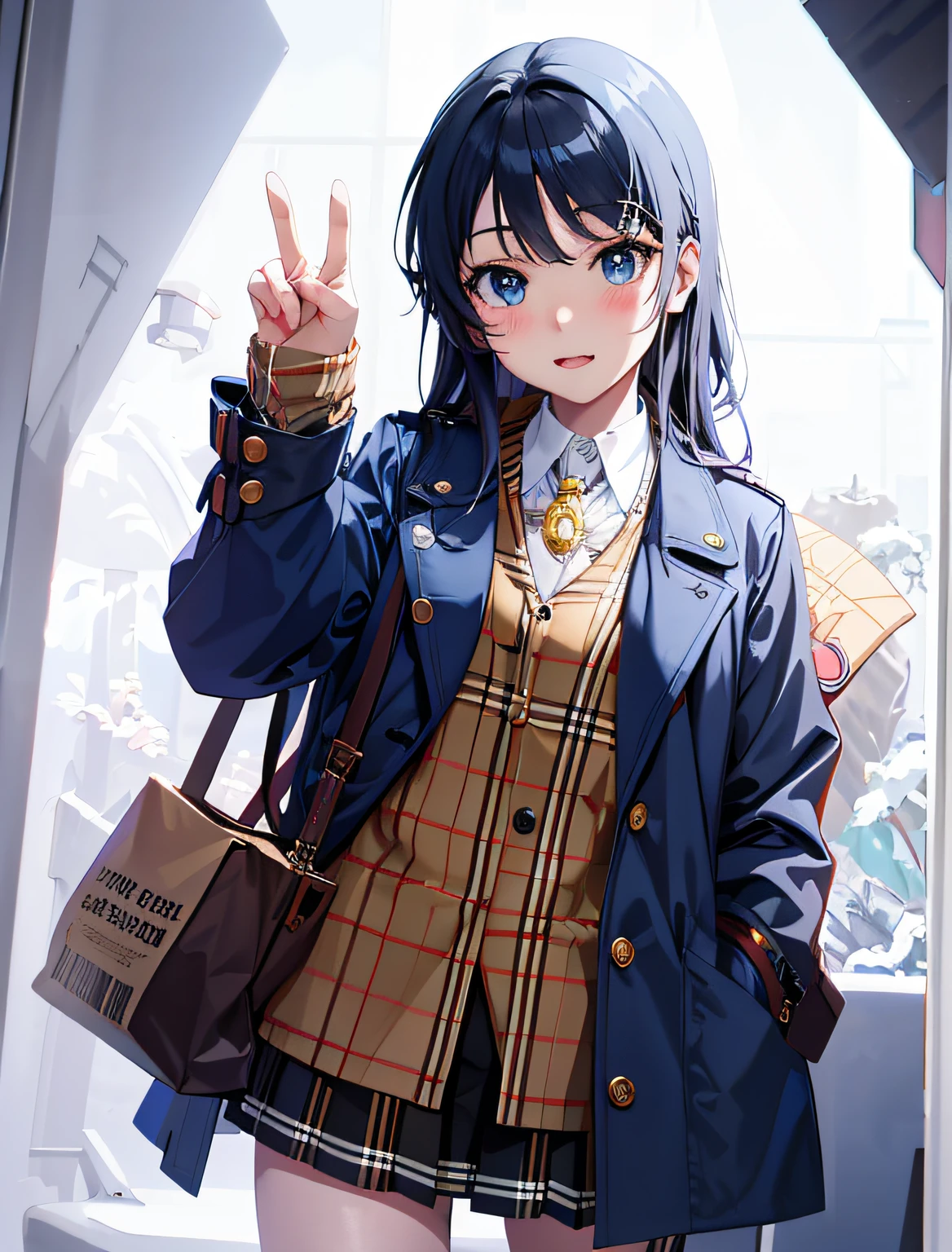 Anime girl in blue coat and plaid skirt holding a brown bag, Beautiful Anime High School Girls, anime visual of a cute girl, Marin Kitagawa fanart, Surrealism female students, Kantai collection style, with index finger, anime moe art style, Surrealism female students, Kawasi, up of young anime girl, attractive anime girls, Cute anime girl