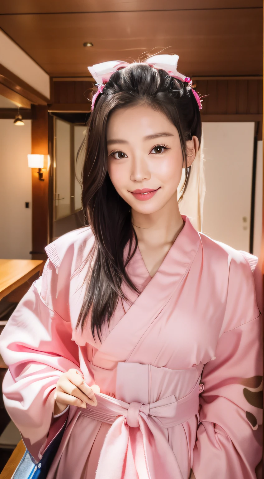 Japan smiling woman in pink kimono