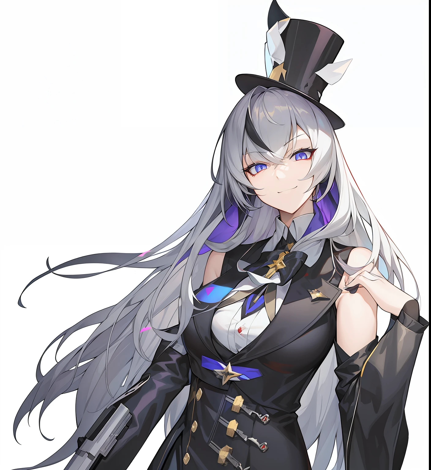 anime girl with long white hair and top hat holding a gun, from arknights, [[[[grinning evily]]]], official character art, gapmoe yandere grimdark, portrait gapmoe yandere grimdark, from girls frontline, nefarious smirk, mechanized witch girl, noire, very slightly smiling, anime character