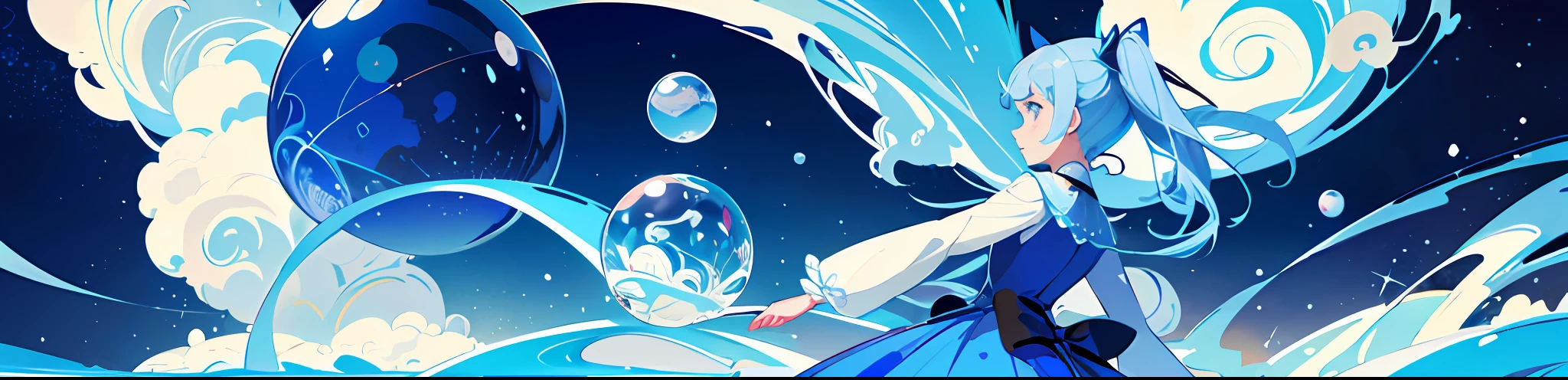 ((tmasterpiece)), ((ultra - detailed)), ((best qualtiy)), 美丽细致的眼睛, 详细的脸, The best lighting, The best shadow, 1girll, Long white double ponytail hair,独奏, ((Classic Disney style, edge lit, Flat 2D style, Disney 2D)), ((The main colors are white and blue)), Huge bubbles, (The girl inside the bubble:1.5), Bubble Island, Bubbleland, A world made of bubbles, freckle, Cold nose, (((Buble))), Marbles, European and American cartoon inspiration, (highly detailed), Whirlpool effect,