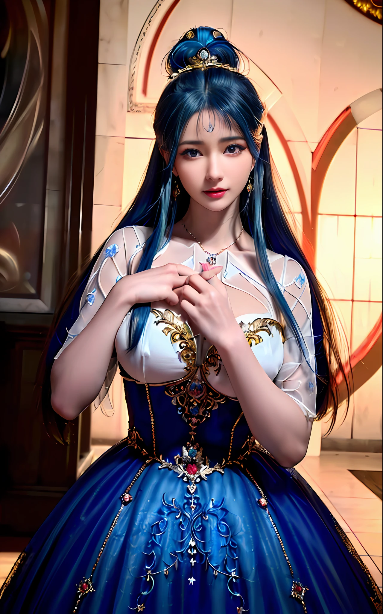 ((realisticity: 1.2)), ((realistic: 8K UHD)), ((best resolution: 8K UHD)), hyper detailed, best quality,masterpiece,highres,cg, ((1 girl hyper detailed and hyper realistic) ) , ((beautiful queen, hyper realistic and hyper detailed)),((white skin, beautiful, smooth, youthful, hyper realistic and hyper detailed )), ((Face hyper beautiful, white, hyper realistic and hyper detailed ) ), long hair, ((hyper realistic and hyper detailed dress)), solo, ((hyper realistic, hyper beautiful, beautiful and hyper detailed jewelry)), ((hyper beautiful deep red and golden yellow dress, hyper realistic and hyper detailed )) , ((Her pretty, hyper realistic, hyper detailed diamond filled earrings)), ((Her gorgeous diamond haircut, hyper realistic and hyper detailed)), ((hyper pretty upper body, hyper beautiful, hyper realistic and hyper detailed) ), ((medium breast: 1.5)), ((hyper realistic, hyper pretty, hyper detailed boobs)),   ((the backgroun of the royal palace is hyper majestic, hyper realistic and hyper detailed)),((hands and palms hyper beautiful, hyper detailed, hyper realistic)), ((hyper pretty, hyper pretty, hyper realistic and hyper detailed hair bun)), ((hyper pretty , hyper realistic and hyper detailed blue hair)), candid, Photo, high resolution, 8k , bokeh,