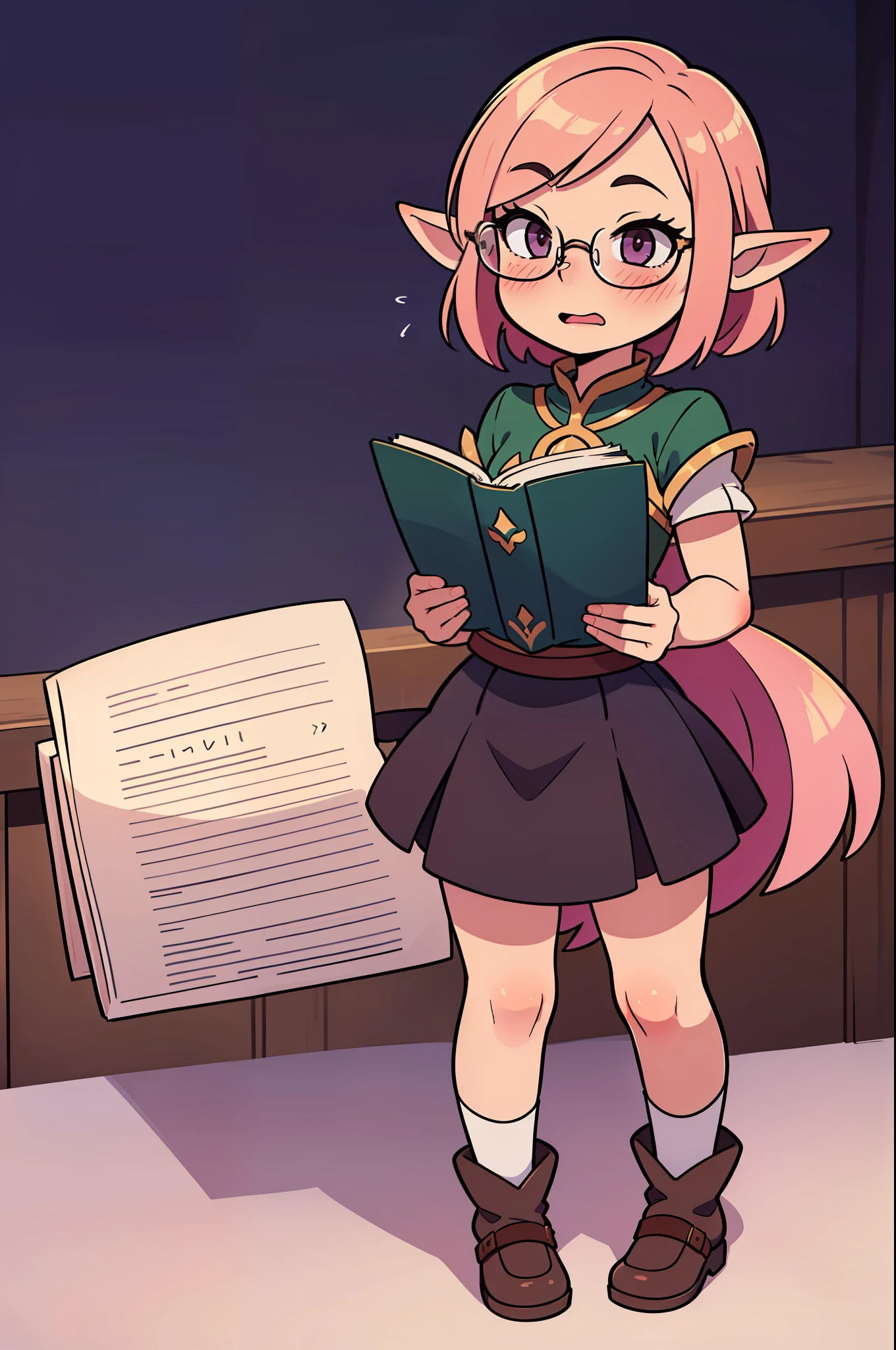 loli elf, lalafell, final fantasy 14, massive book, glasses, short skirt, triumphant expression, blushing