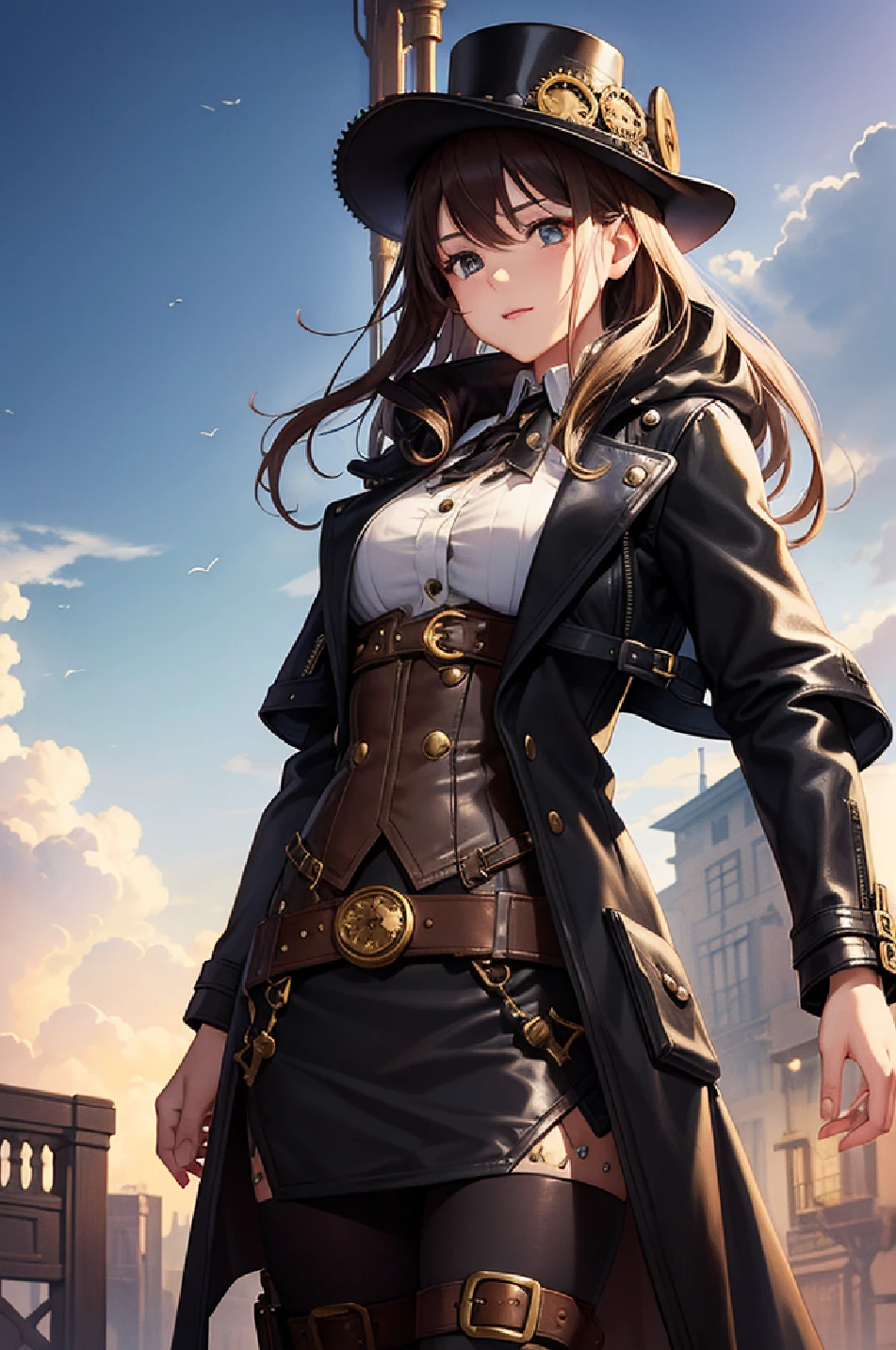 Cute girl in steampunk style、Costumes decorated with many gears and clocks、((Wearing a black leather coat))、Vast sky、Watercolor style entrance cloud、detail portrayal、Detailed depiction、Smooth expression、Plenty of apple motifs、