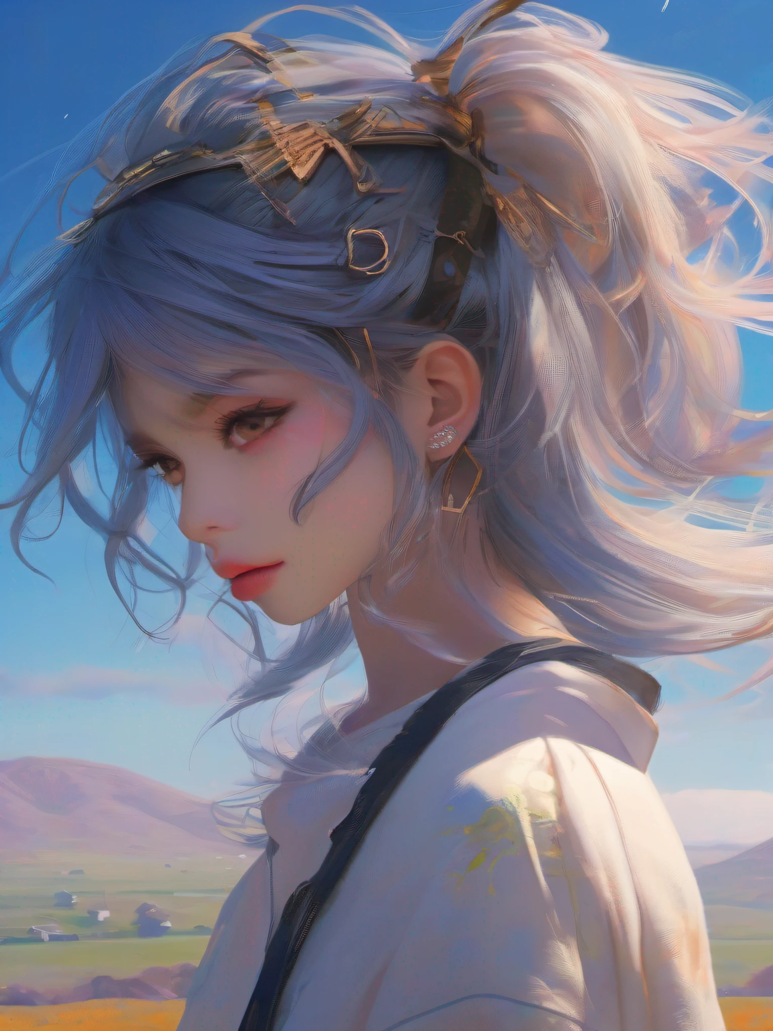 Ultra-high detail CG painting、top-quality、beautiful Girl、Shabo ball、Beautiful countryside、Swaying steppe、In the bright twilight、beautiful blue skies、Hair blown in the wind、Soft light、Draw an inspiring moment。