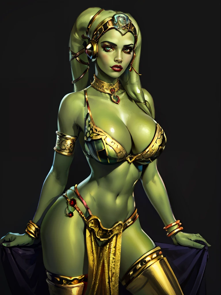 (best quality, masterpiece, highly detailed), 1girl, (green skin), sexy busty Twi'lek, large breasts, skindentation, cleavage, looking at viewer, gold and black bikini, gold, ornate metal bra, metal lace, gemstones, jewelry, long skirts, armlets, pelvic curtain, Star Wars, lekku stripes
