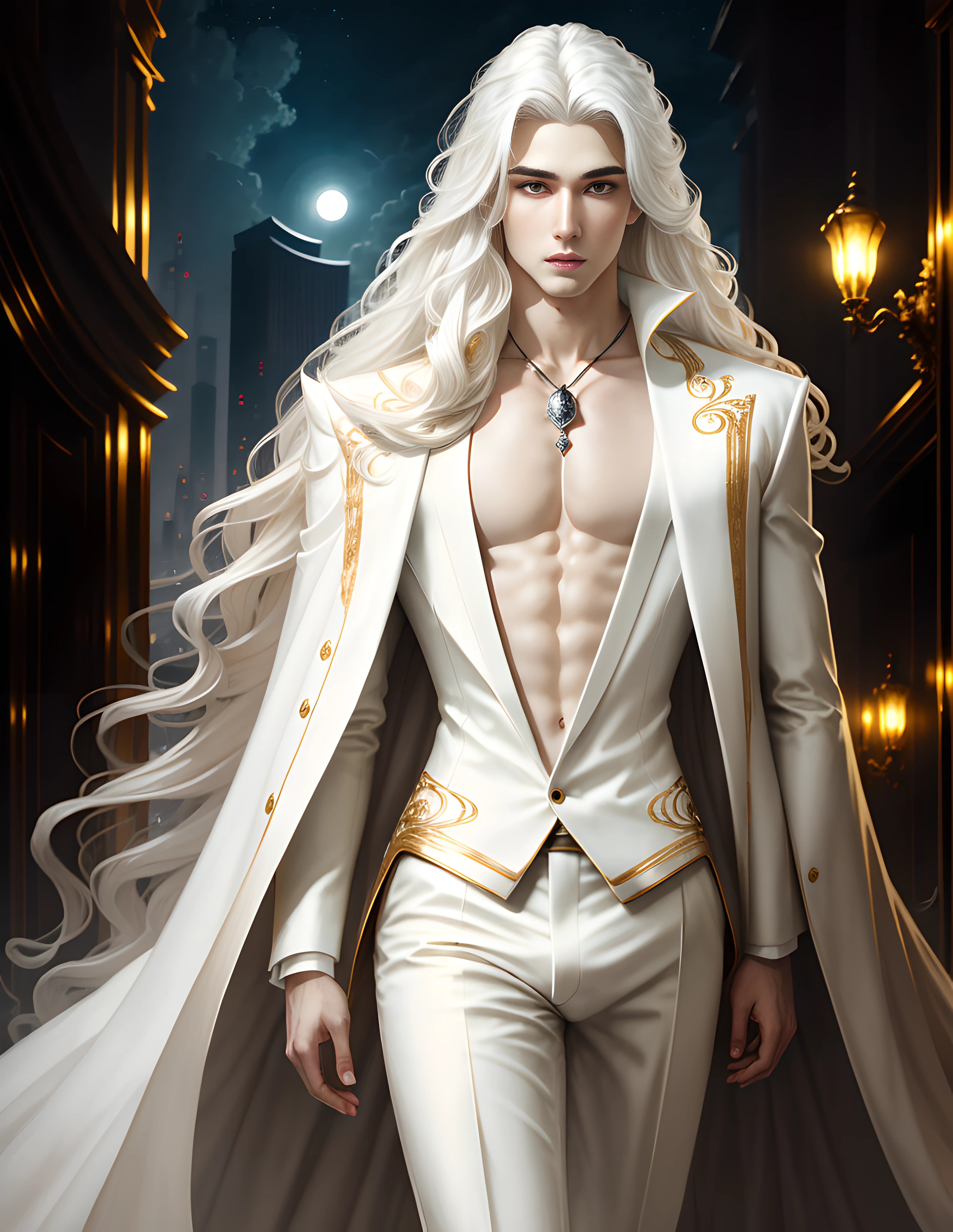 masterpiece, highest quality, (solo focus), (perfect face:1.1), (high detail:1.1),dramatic, 1guy, (pale skin), long white hair, white eyes, solo, long hair, moon, night, white luxury suit, covered navel, pouty lips, Tiago Azevedo,, futuristic city, detailed background, art by artgerm and greg rutkowski, gothic renaissance, cinematic lighting,