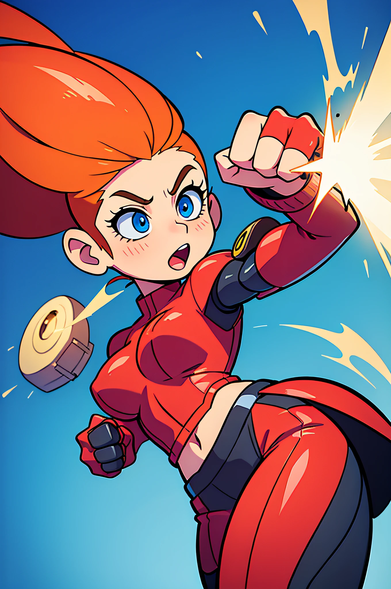 "vibrating fist, robotic girl with a powerful punch"