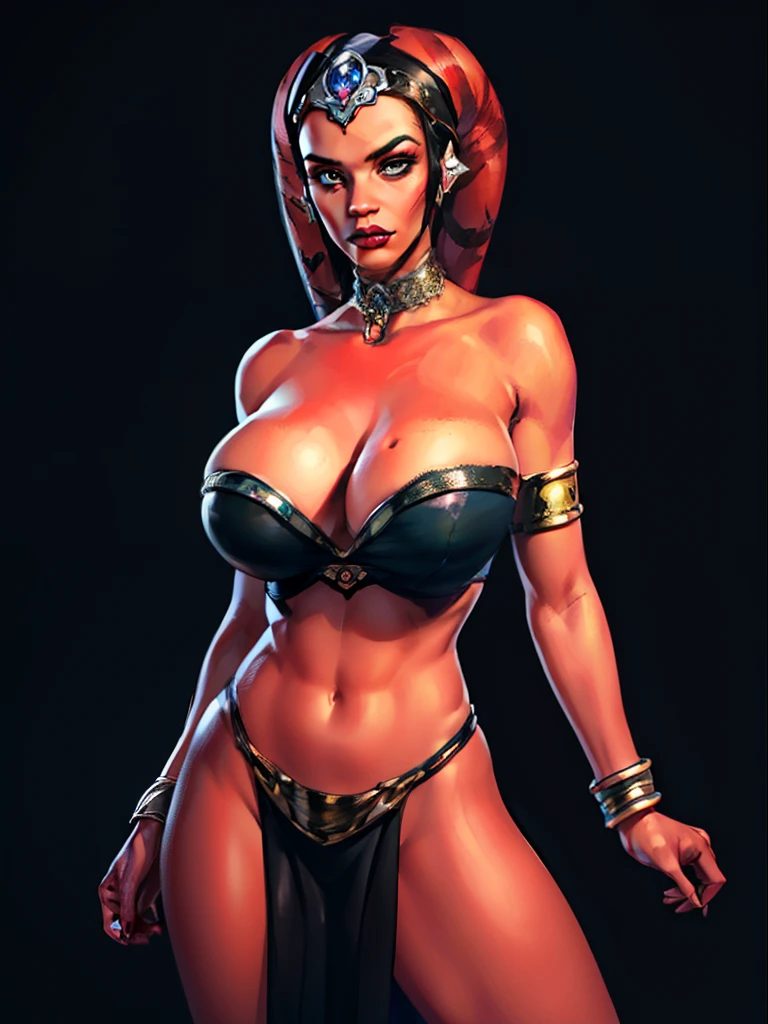 (best quality, masterpiece, highly detailed), 1girl, (red skin), sexy busty Twi'lek, (huge breasts, skindentation, cleavage), looking at viewer, sharp facial features, silver and black bikini, silver, ornate strapless metal bra, metal lace, gemstones, silver jewelry, long skirts, choker, armlets, pelvic curtain, silks, Star Wars, lekku stripes