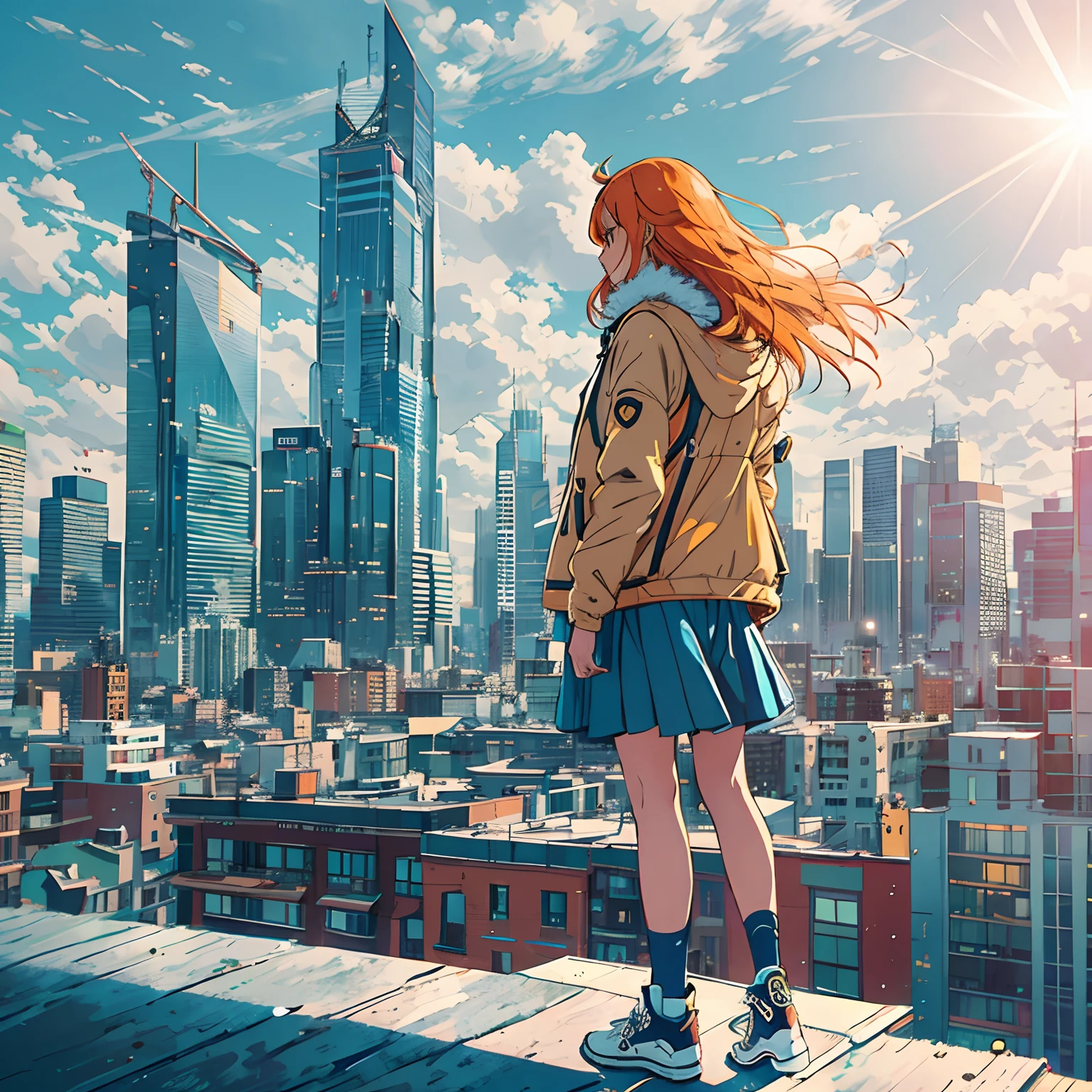 1girl, long orange hair, modern parka, skirt, converse shoes, modern city, on edge of a skyscaper's roof, midday, sun, blue sky, clouds, ((shot from back)), low angle, volumetric light, 8k, best quality, sharp, detailed