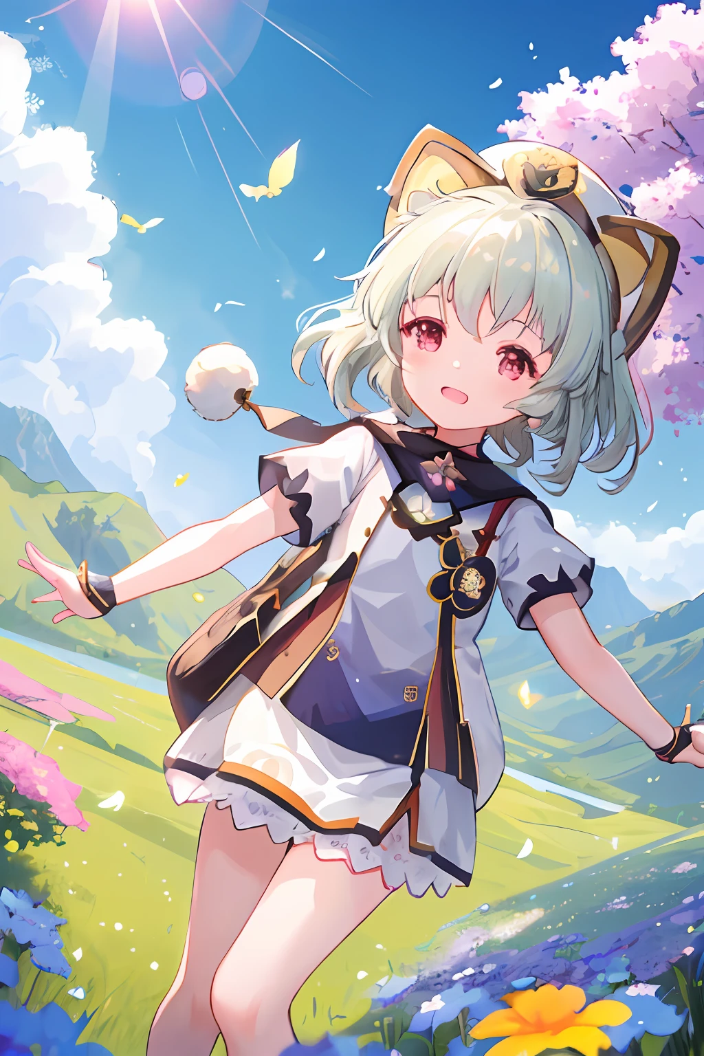 Cute  s，，独奏，ventania，White hat，blue-sky，laughingly，double teeth，，lens flare glow，dramatics，Coastal，
flying petal， flower  field， Skysky， suns， Tano， himawari， tmasterpiece， Best quality at best，