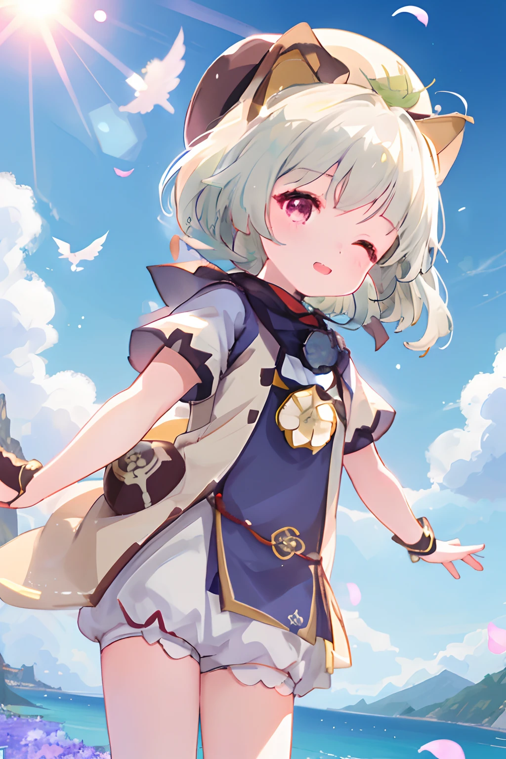 Cute s,,独奏,ventania,White hat,blue-sky,laughingly,double teeth,,lens flare glow,dramatics,Coastal,
flying petal, flower field, Skysky, suns, Tano, himawari, tmasterpiece, Best quality at best,