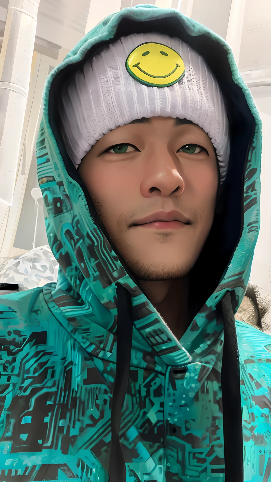 Arad man in hat and green jacket,There is a smiley face on it, Asian male, wearing a neon blue hoodie, profile picture 1024px, Wears a teal beanie, hat and hoodie, taken in the early 2020s, michael okuda, handsome chad chin, gregg araki, andrew thomas huang, half asian, profile photo