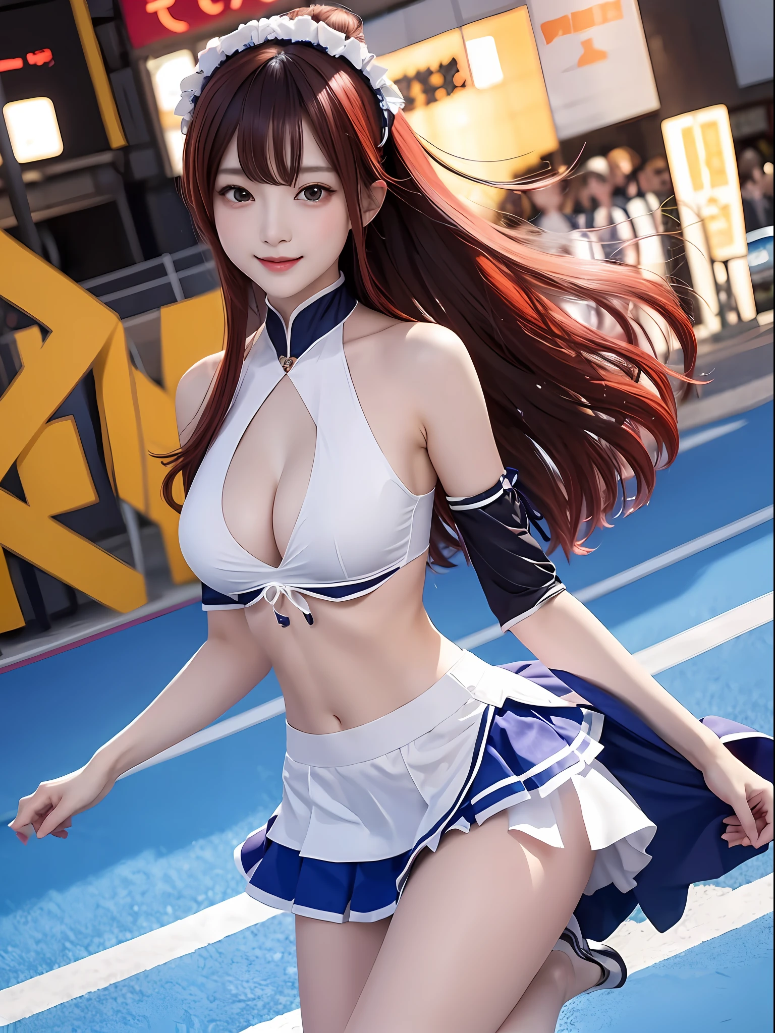(masterpiece、top-quality:1.2)、cowboy shot、独奏、1girll、Sayaka Amamiya、cheerleaders、A smile、open open mouth、looking at the viewers、pompoms\(cheer leading)、skirt by the、Midriff、cleavage of the breast、stadio。raise her legs。short-hair。red hairs。Raise one leg。Black costume。Parted sleeves, bare shoulders, Center opening, cleavage of the breast, Central chest,appearance々Hair color
