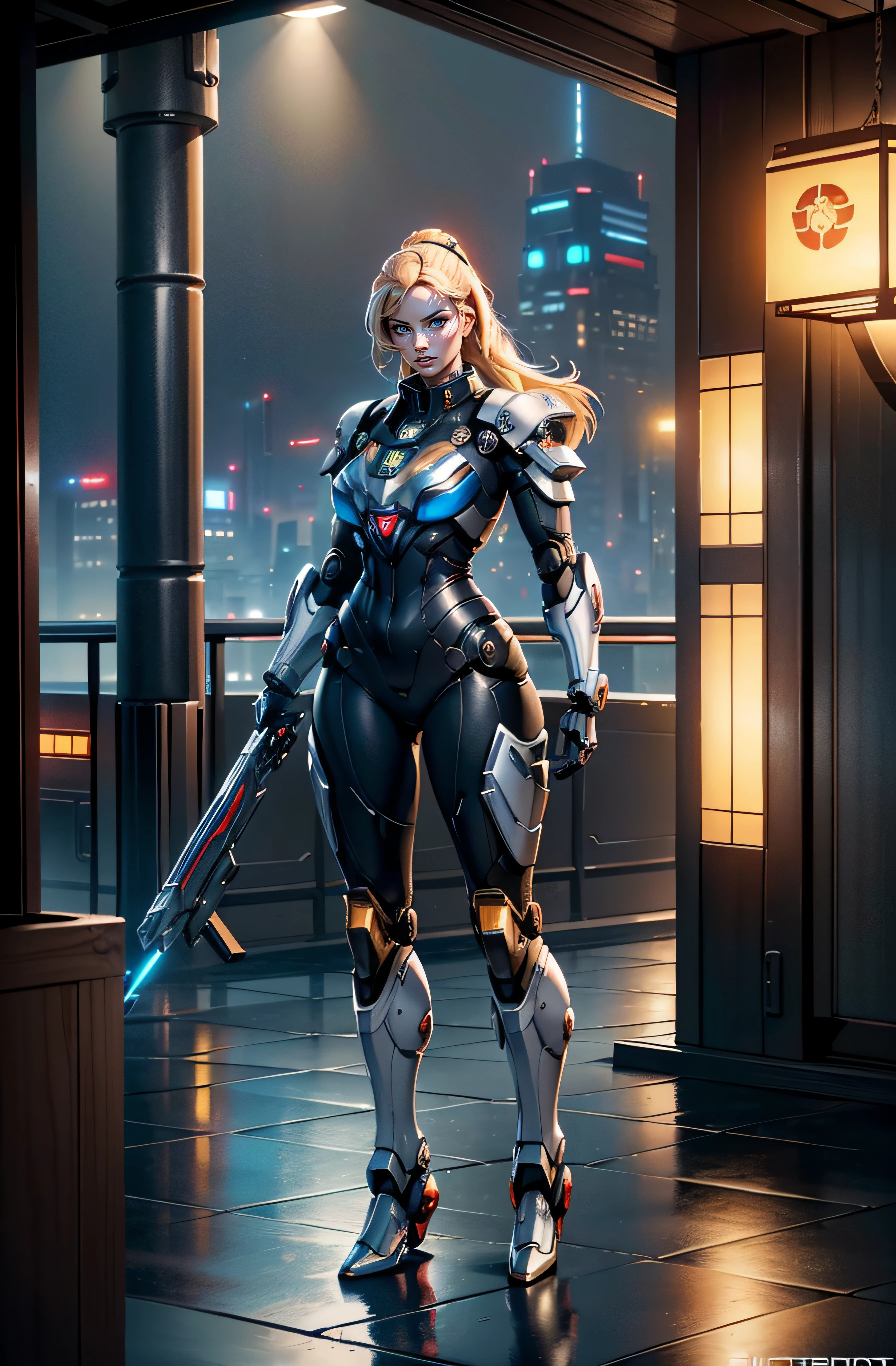 Margot Robbie ((best quality)), ((masterpiece:1.2)), (extremely detailed:1.1), (8k, high quality, cinematic, hyper realistic, illustration, letterbox), (Autodesk maya, vary render, ray tracing, hdr), (16mm focal length, f/4 aperture, dynamic perspective, deep depth of field), (3D model, full body, (giant female stylized mecha with large glass cockpit and beautiful female inside), standing solo, dynamic pose, brutal robotic armor, stickers, stylized paint scheme, Leds, Japanese tech, samurai, cyberpunk rooftop background at night), (nighttime), (hdri:0.35, bloom:0.25, rim lighting, soft lighting, low key), dark theme:0.66, futobot confident,