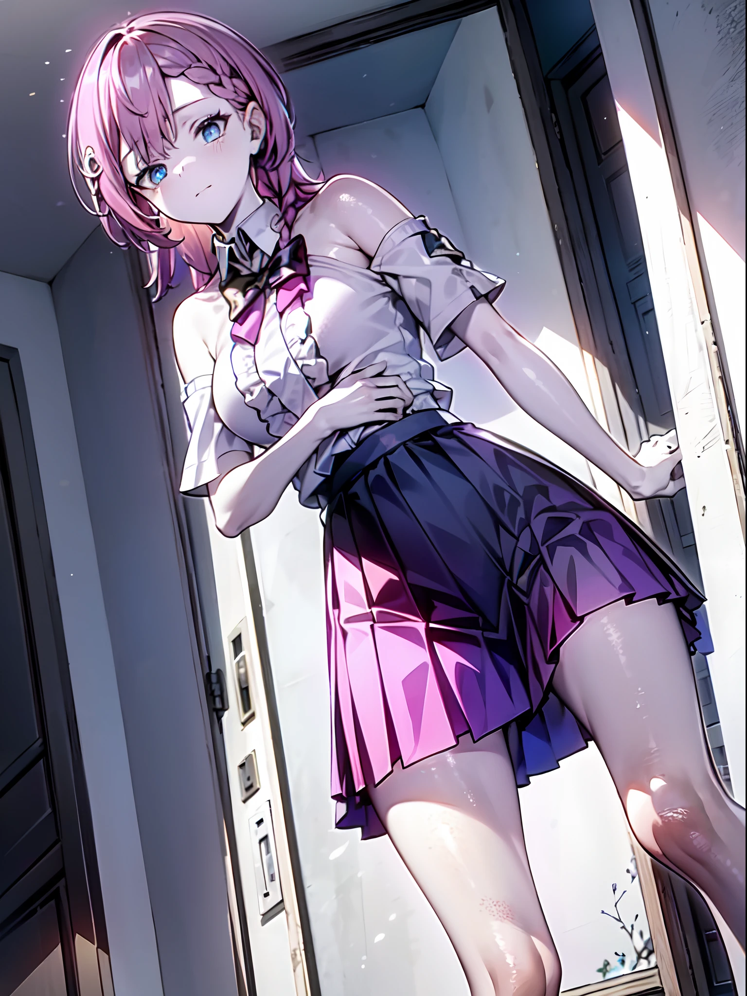 (masterpiece:1.2), (pale skin:1.2), (8k:1.2), (solo:1.2), (female:1.4), (dynamic angle), pink hair, blue eyes, white dress, (skirt:1.2), closed mouth