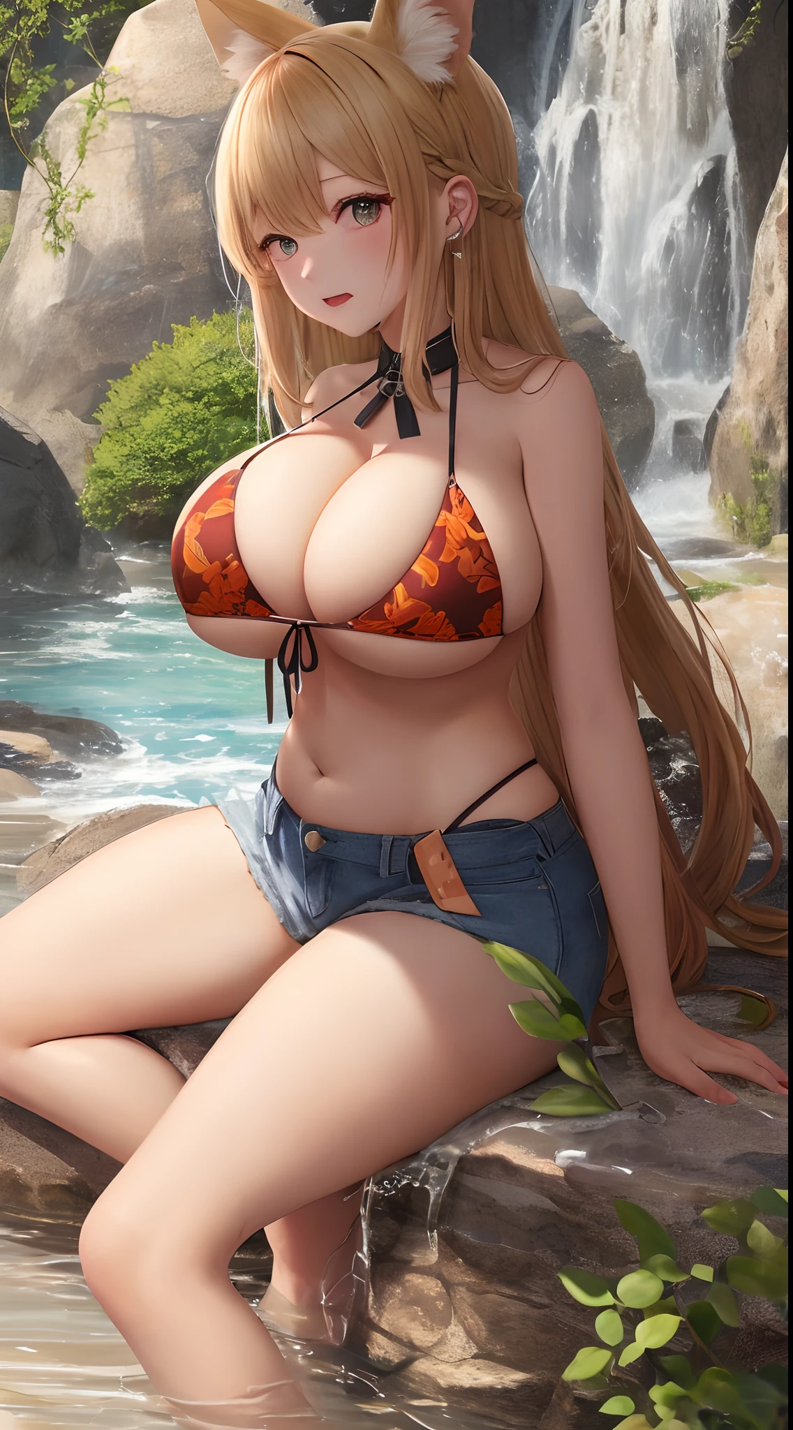(ultra-quality、masterpiece:1.4), Nagatiti, (huge-breasted:1.6), (hanging breasted: 1.5), (Breast squeezing: 1.3), (Bimbo 1.4), (disproportional tits: 1.4), (真实感:1.2), (真实感:1.2), (absurderes:1.2), 8K, ultra-detailliert, A detailed face, boulders, shores, (shores:1.2), (sitting on:1.4), boulders、The tree、Sitting on a plant、(Soto:1.2), vague, (Causting:1.2), (Hyper-Detailed Water:1.4),(独奏:1.4), 1girl in, (face to the viewer:1.2), (Curve:1.3), thick thight、asunayuuki、honey blonde hair、length hair、(side locks:1.2)、(bikini top:1.2)、(micro shorts1.3)、Hyper-Detailed Orange Eyes、fatness、huge-breasted、massive belly